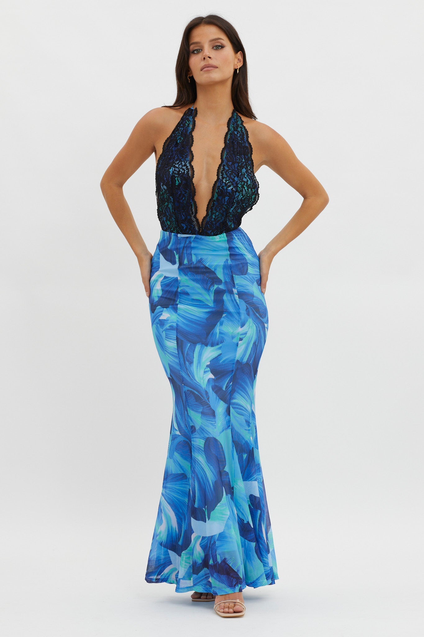 Mayah Lace Halterneck Maxi Dress Abstract Blue by Selfie Leslie Australia