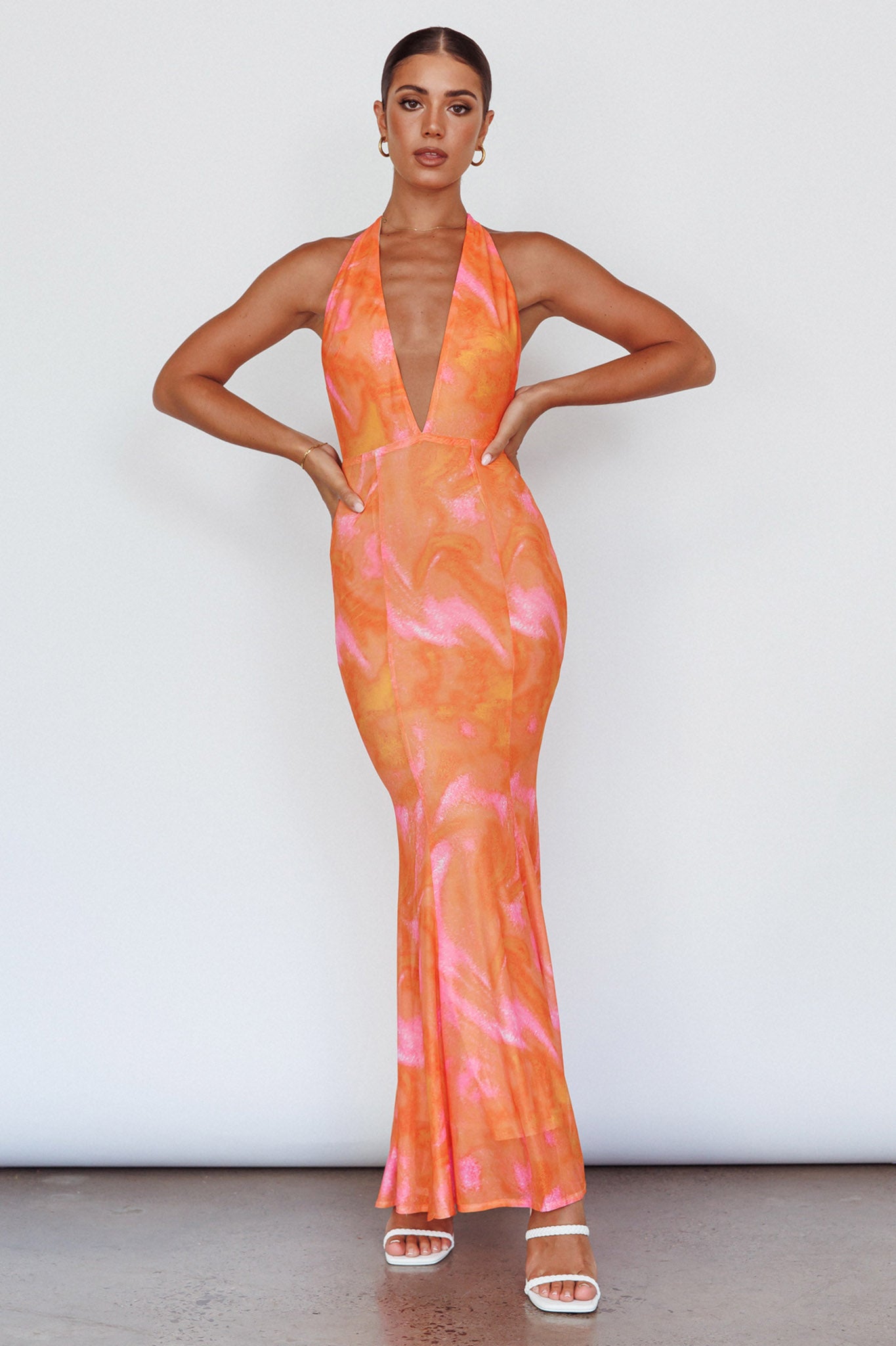 Mayah Halterneck Maxi Dress Printed Orange by Selfie Leslie Australia