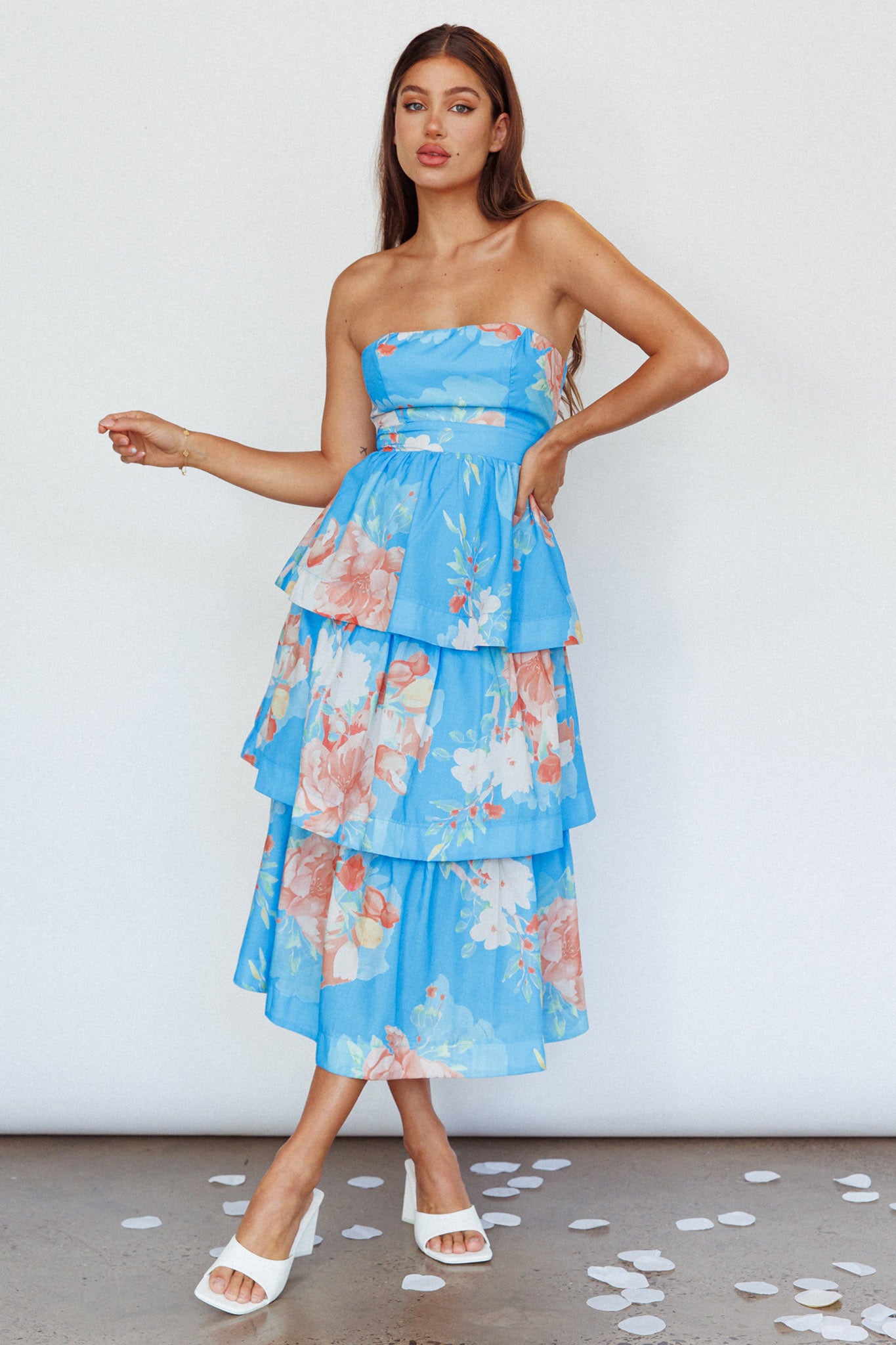 Outshine Strapless Tiered Midi Dress Floral Blue by Selfie Leslie Australia