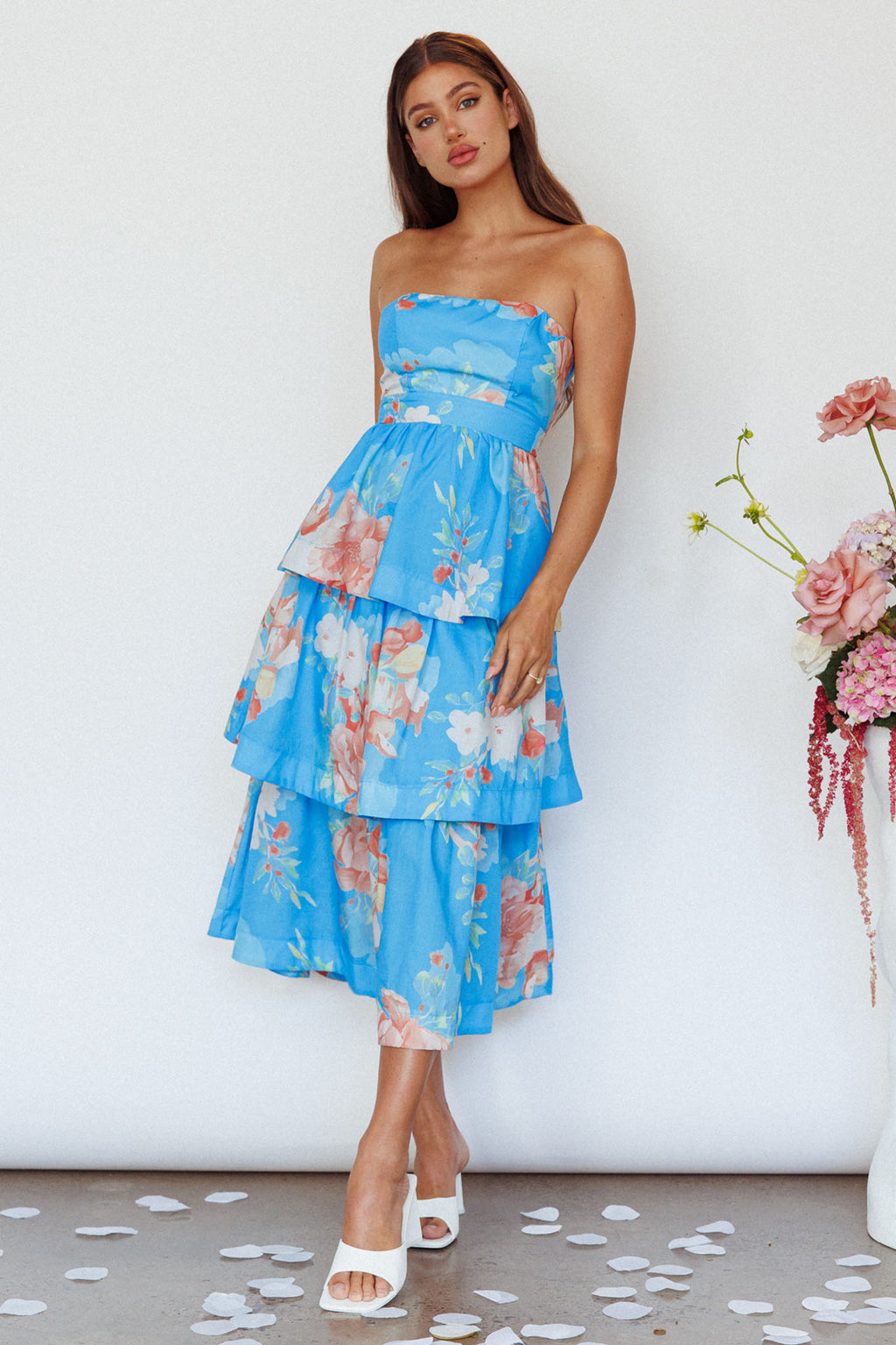 Outshine Strapless Tiered Midi Dress Floral Blue by Selfie Leslie Australia