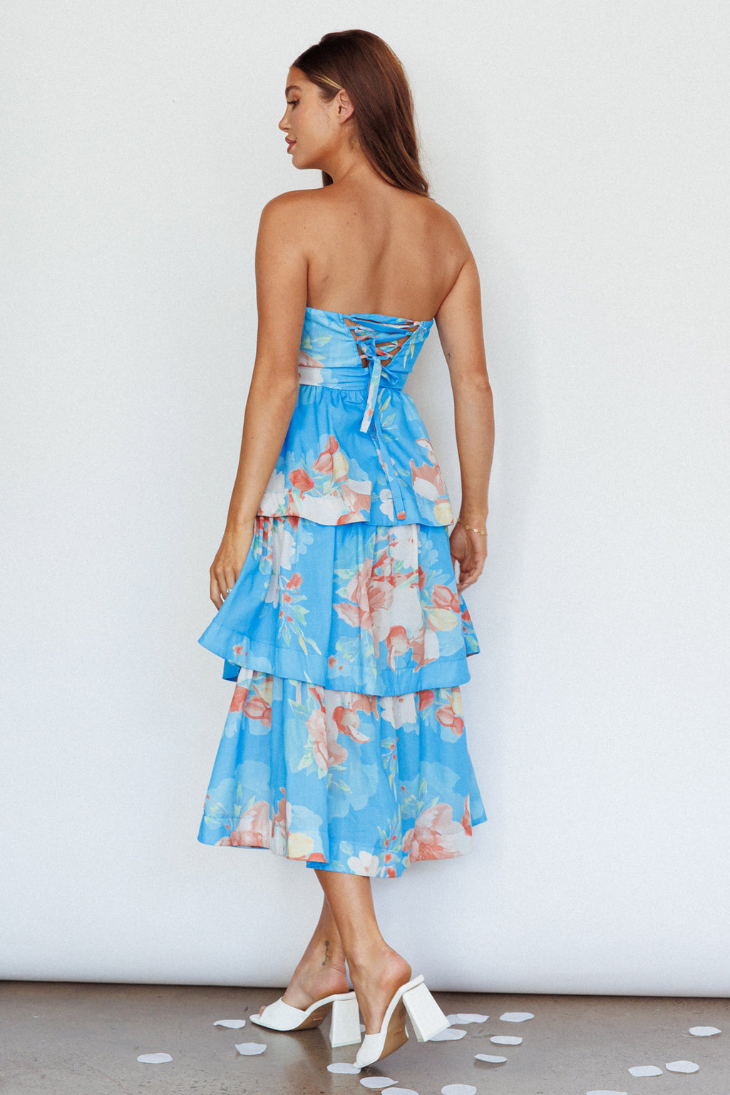 Outshine Strapless Tiered Midi Dress Floral Blue by Selfie Leslie Australia