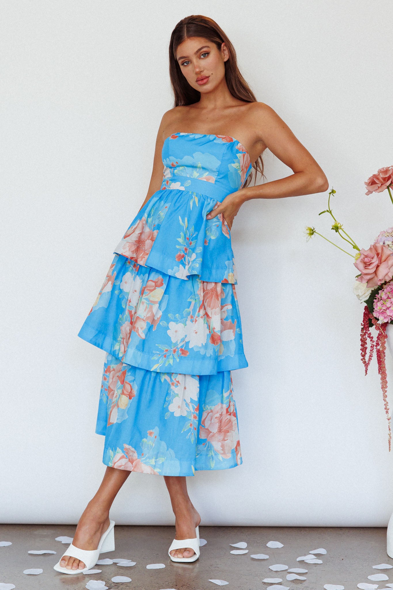 Outshine Strapless Tiered Midi Dress Floral Blue by Selfie Leslie Australia