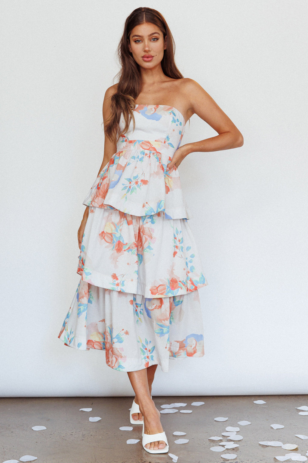 Outshine Strapless Tiered Midi Dress Floral Peach by Selfie Leslie Australia