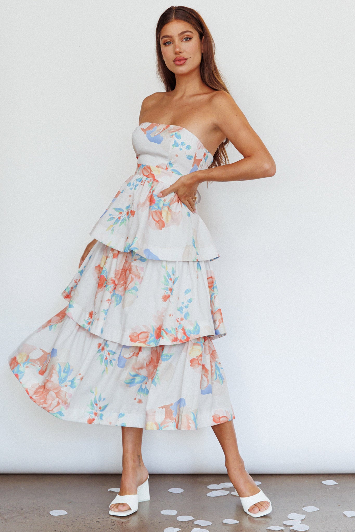 Outshine Strapless Tiered Midi Dress Floral Peach by Selfie Leslie Australia