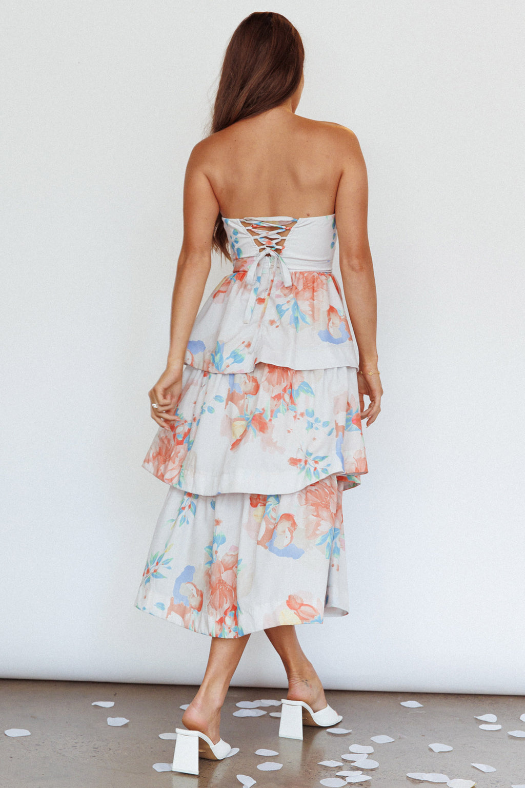 Outshine Strapless Tiered Midi Dress Floral Peach by Selfie Leslie Australia