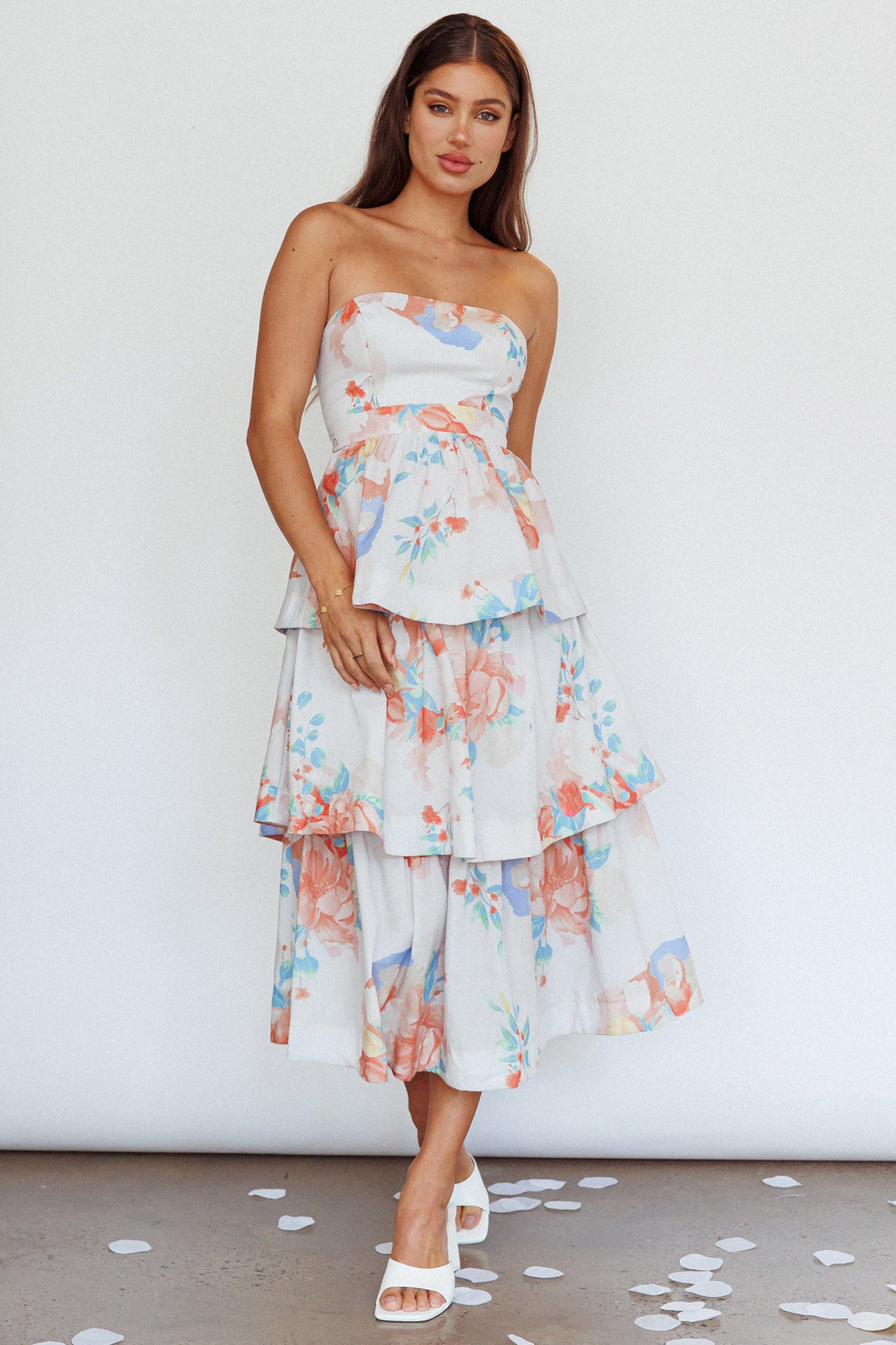 Outshine Strapless Tiered Midi Dress Floral Peach by Selfie Leslie Australia
