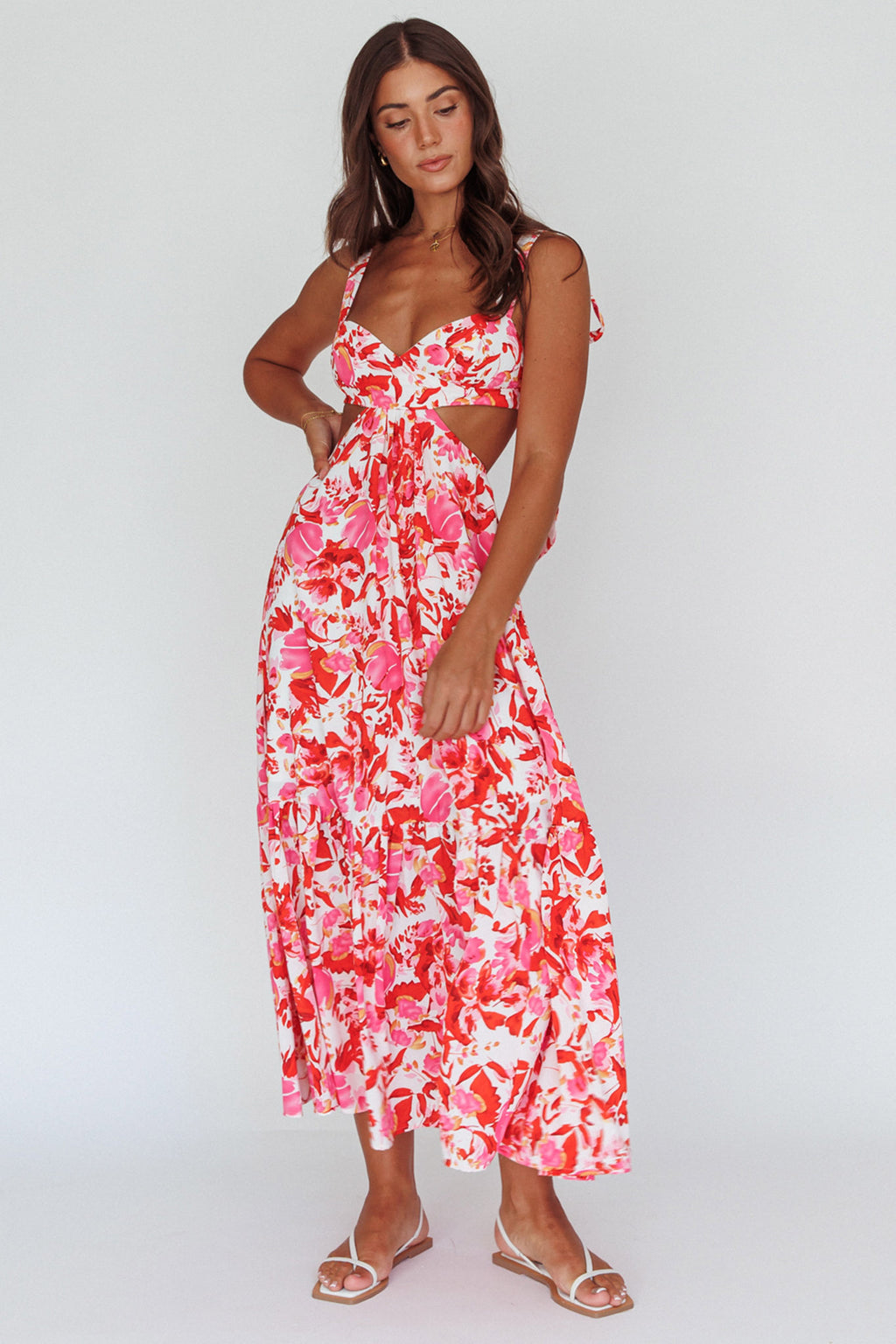 Sun Seeker Tied Shoulder Cut-Out Maxi Dress Floral Red by Selfie Leslie Australia