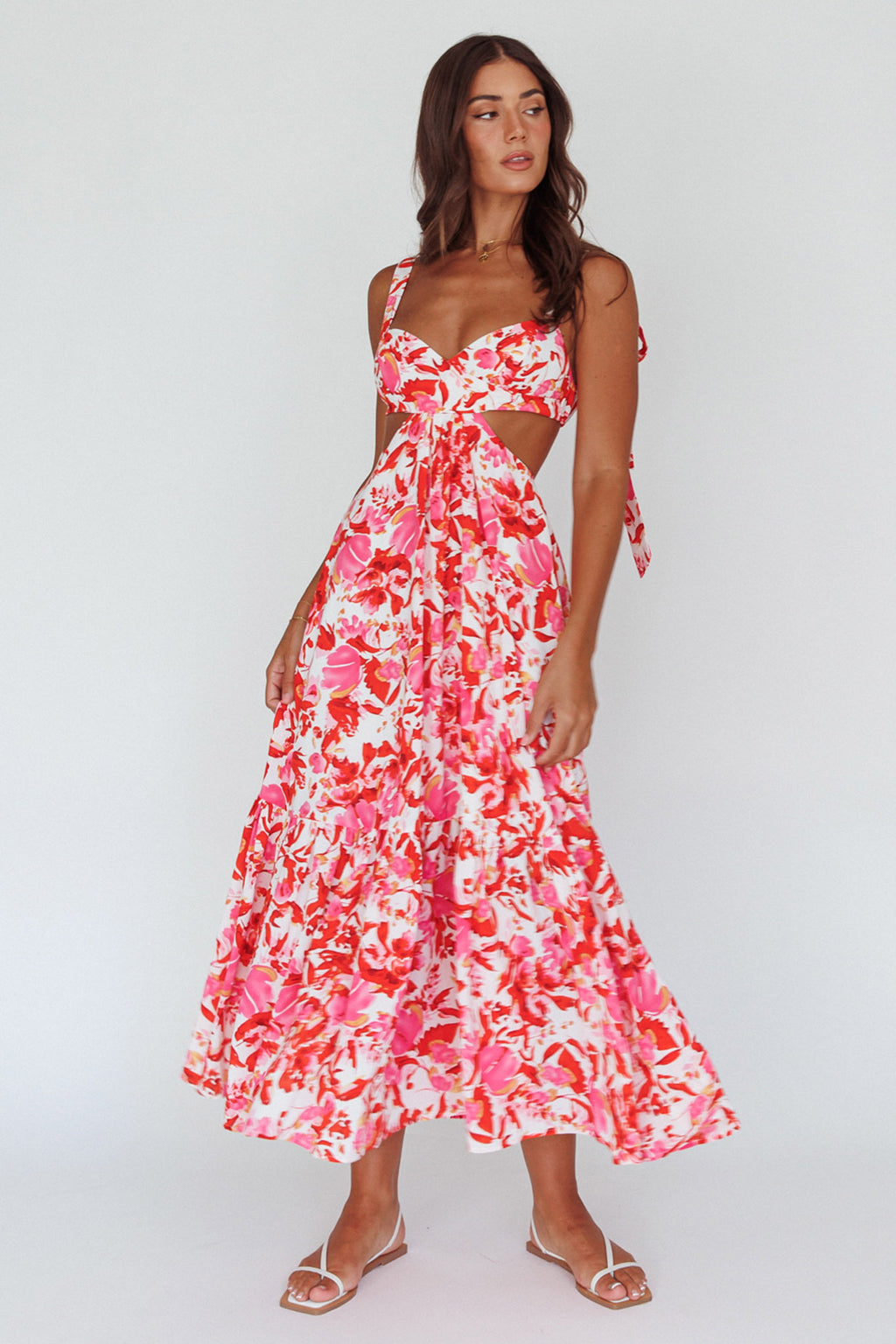 Sun Seeker Tied Shoulder Cut-Out Maxi Dress Floral Red by Selfie Leslie Australia
