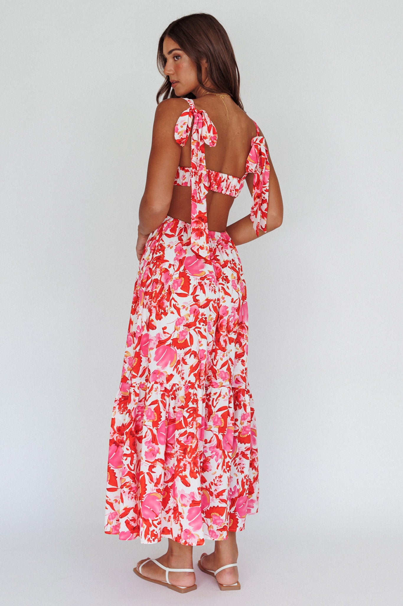 Sun Seeker Tied Shoulder Cut-Out Maxi Dress Floral Red by Selfie Leslie Australia