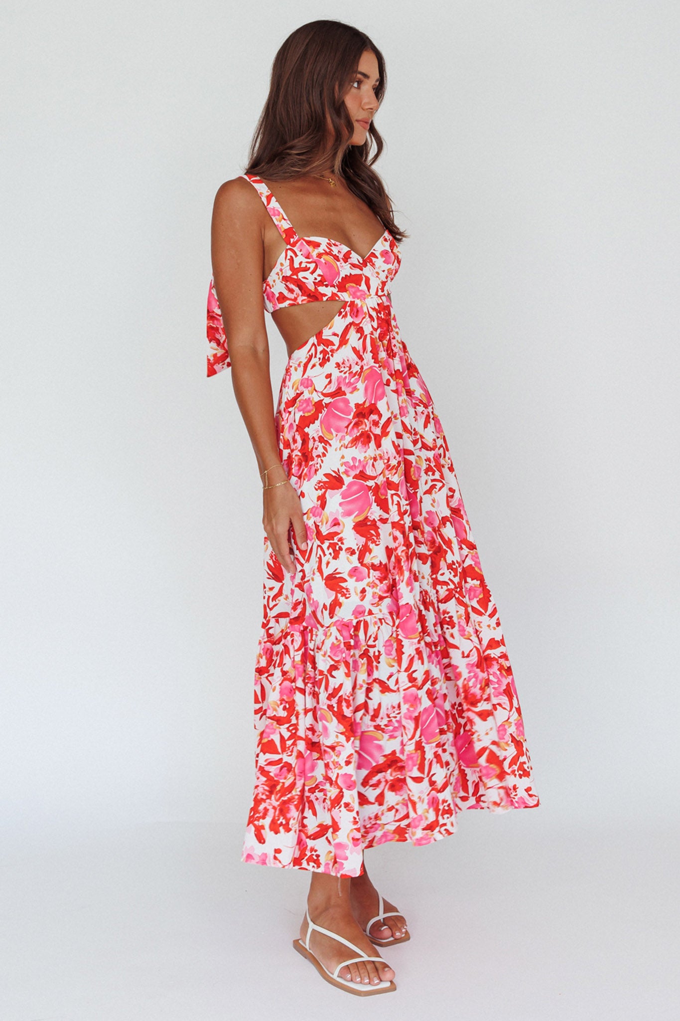 Sun Seeker Tied Shoulder Cut-Out Maxi Dress Floral Red by Selfie Leslie Australia
