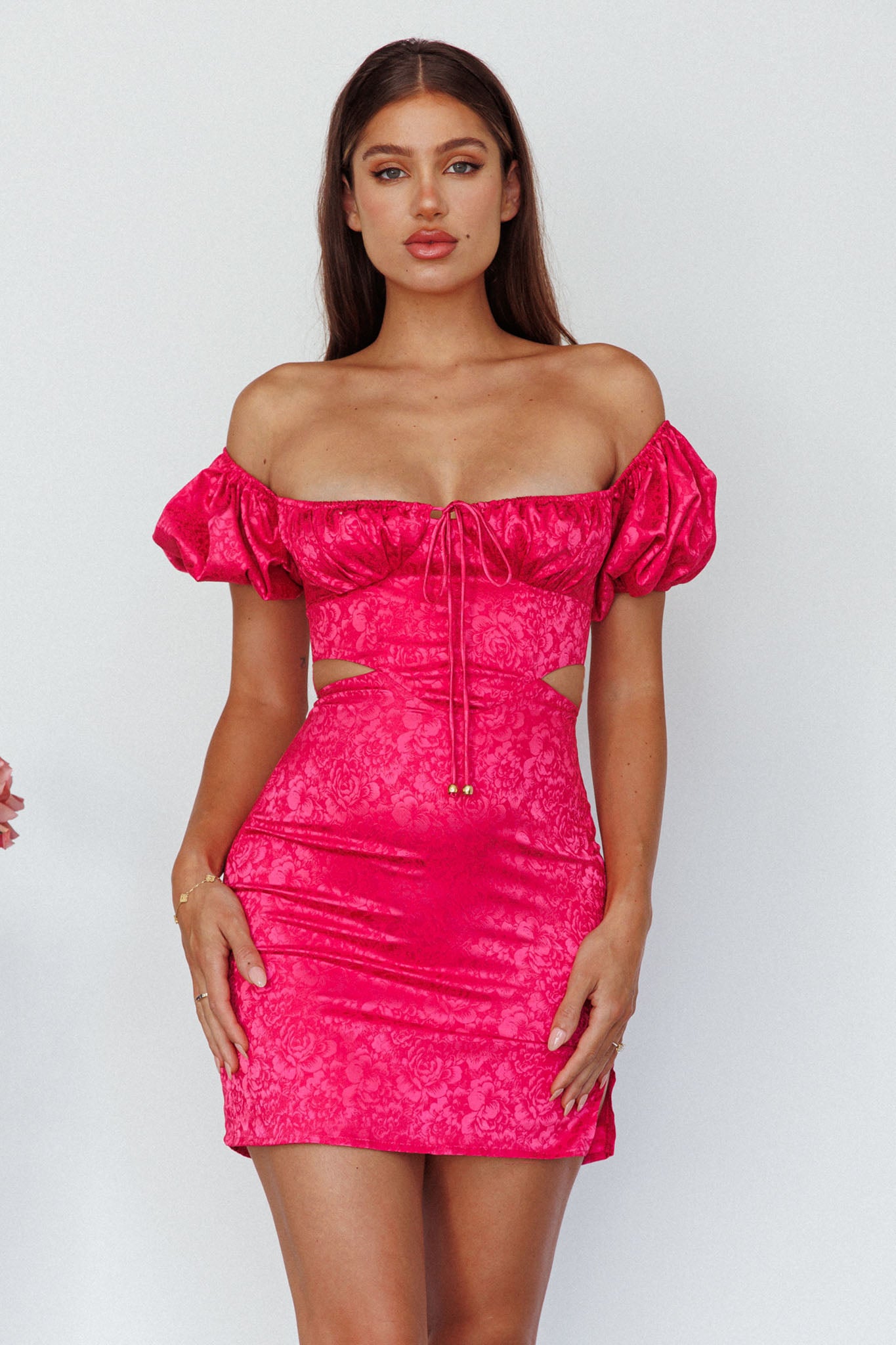 Eryn Puff Sleeve Jacquard Mini Dress Hot Pink by Selfie Leslie Australia