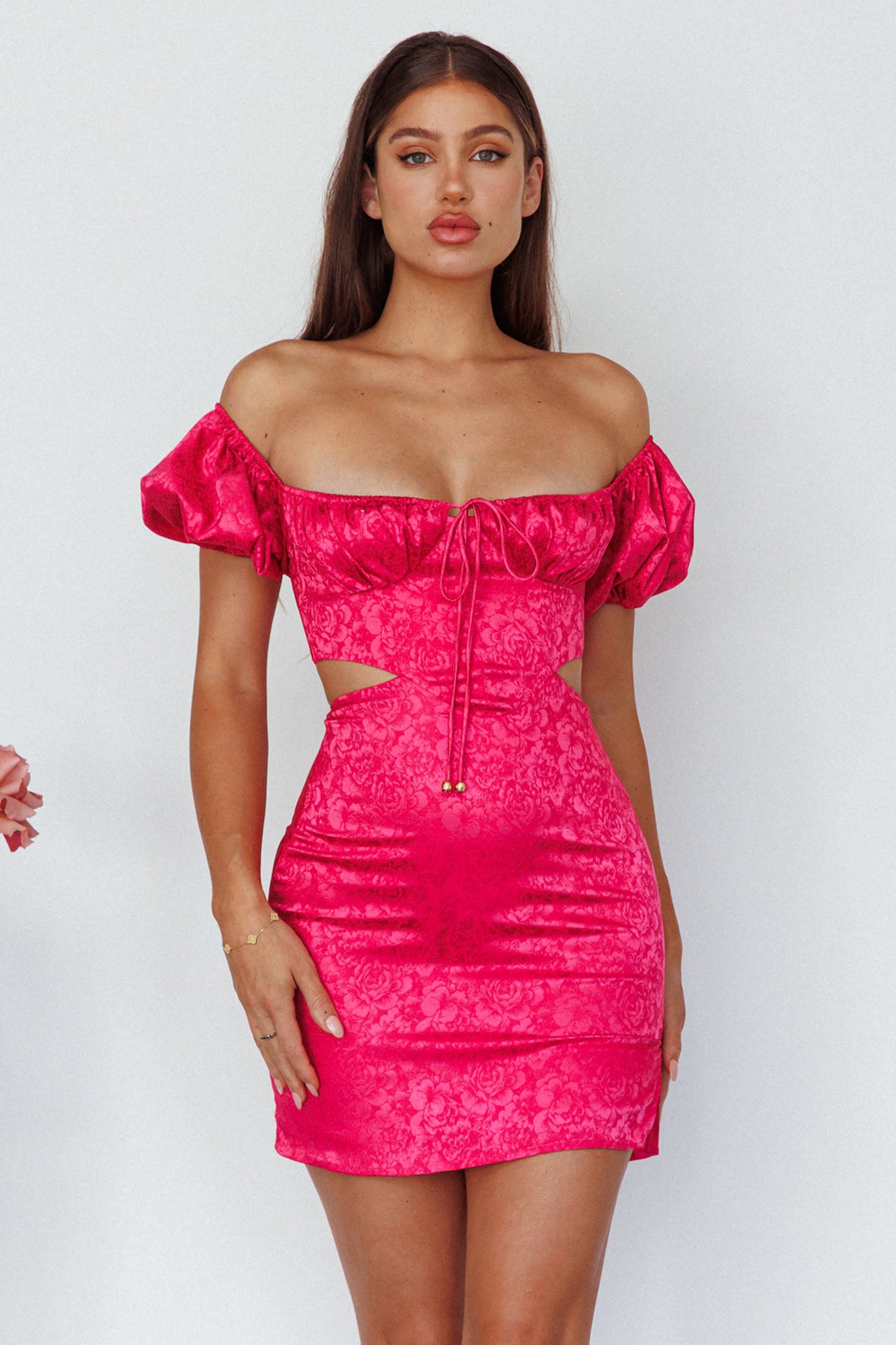 Eryn Puff Sleeve Jacquard Mini Dress Hot Pink by Selfie Leslie Australia