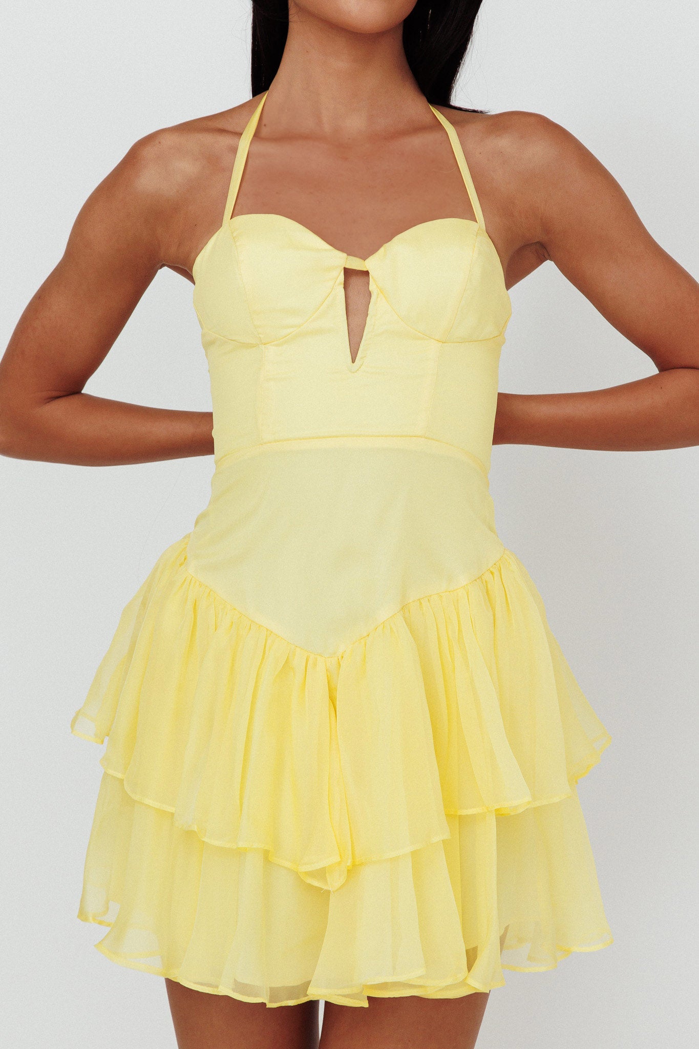 Tuscan Summer Flounce Mini Dress Lemon by Selfie Leslie Australia