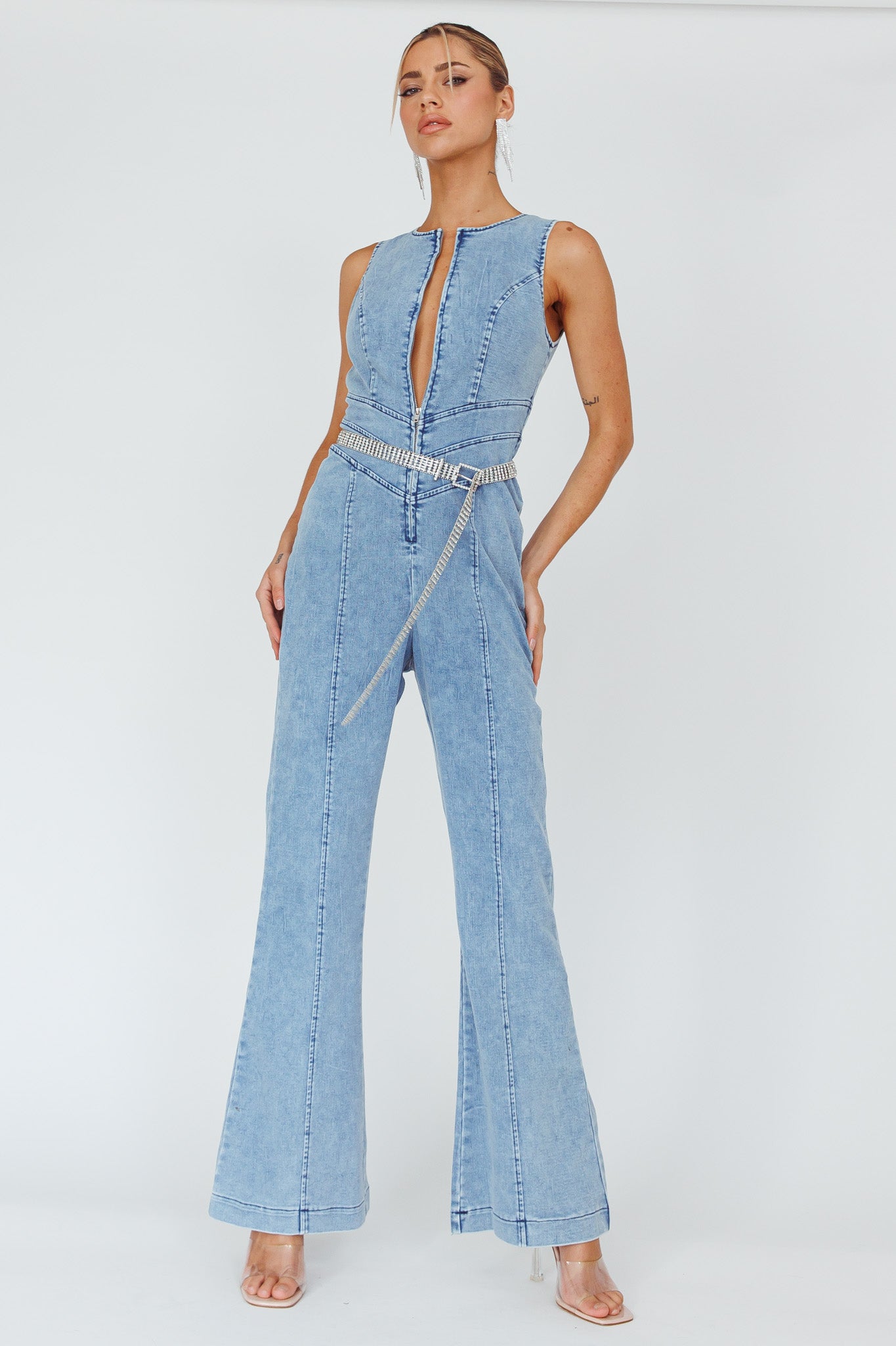 Teigan Heart Back Sleeveless Jumpsuit Light Denim by Selfie Leslie Australia
