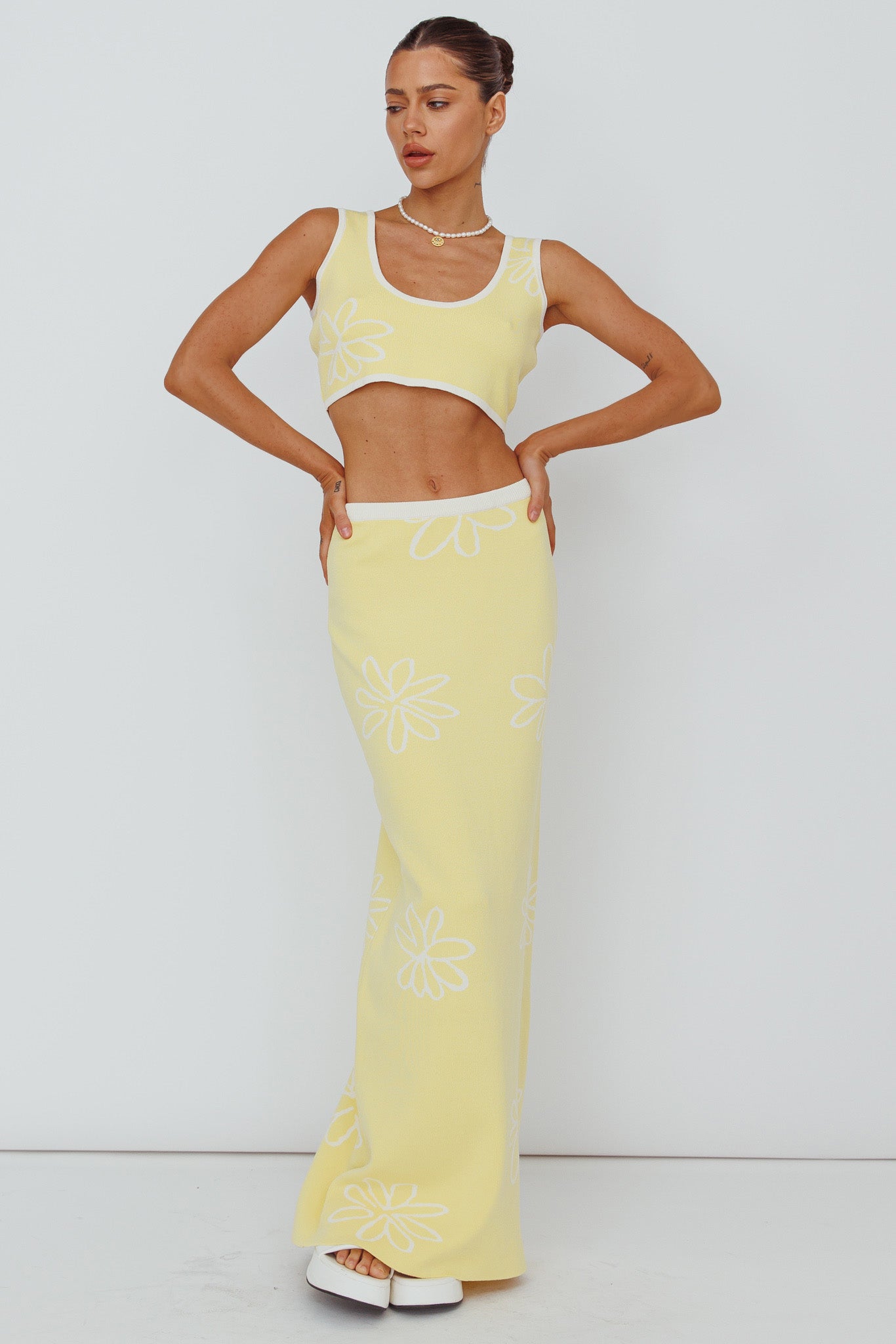 Sunland Knit Maxi Skirt Flower Light Lemon by Selfie Leslie Australia