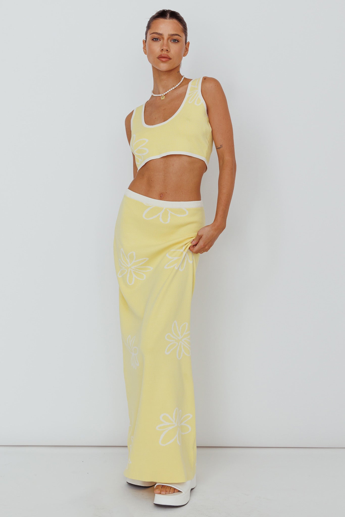 Sunland Knit Maxi Skirt Flower Light Lemon by Selfie Leslie Australia