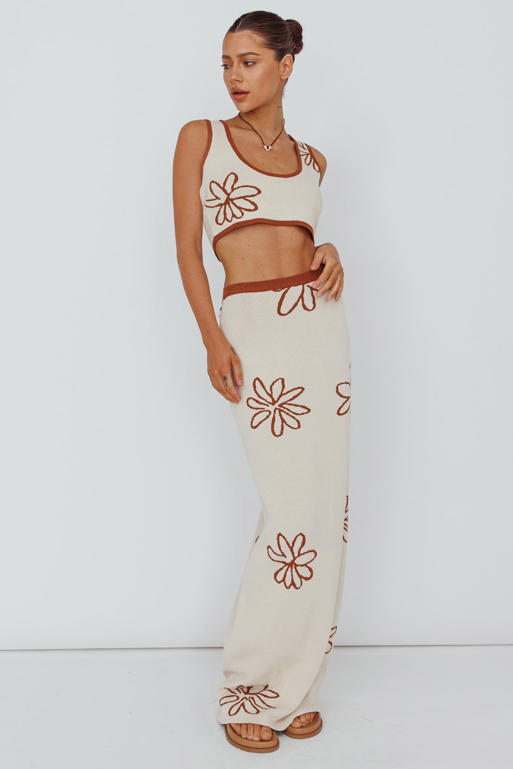 Sunland Knit Maxi Skirt Flower Oat Mocha by Selfie Leslie Australia