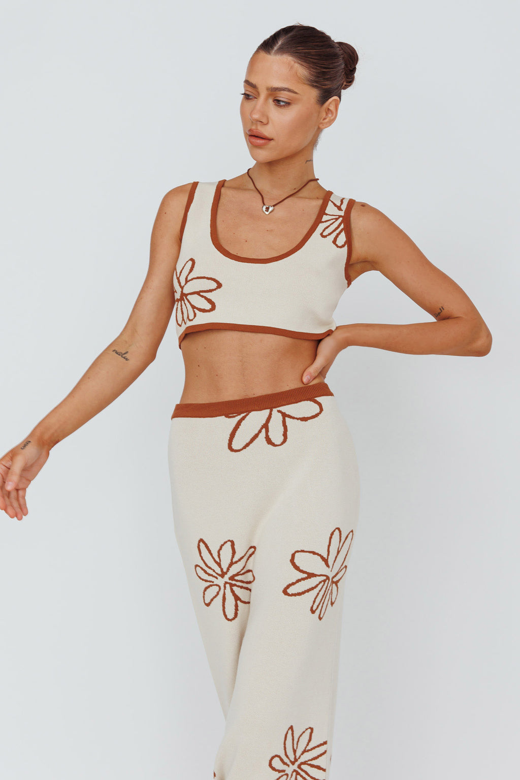 Sunland Knit Crop Top Flower Oat Mocha by Selfie Leslie Australia