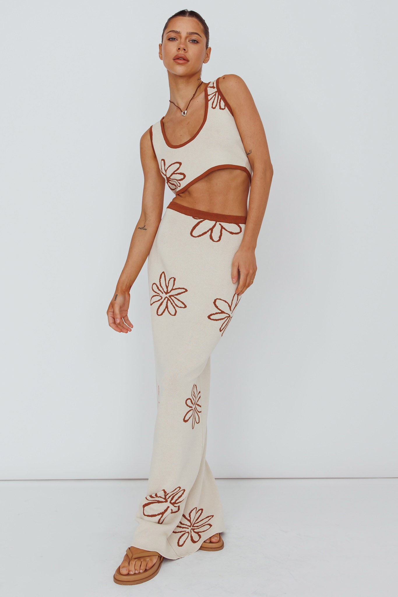 Sunland Knit Crop Top Flower Oat Mocha by Selfie Leslie Australia
