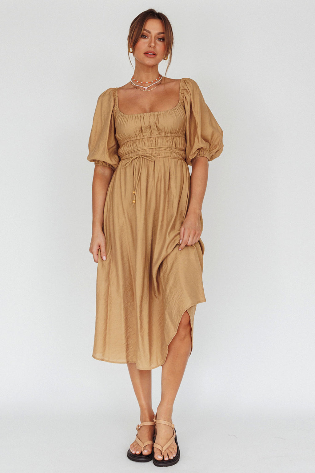 Lille Puff Sleeve Midi Dress Latte by Selfie Leslie Australia