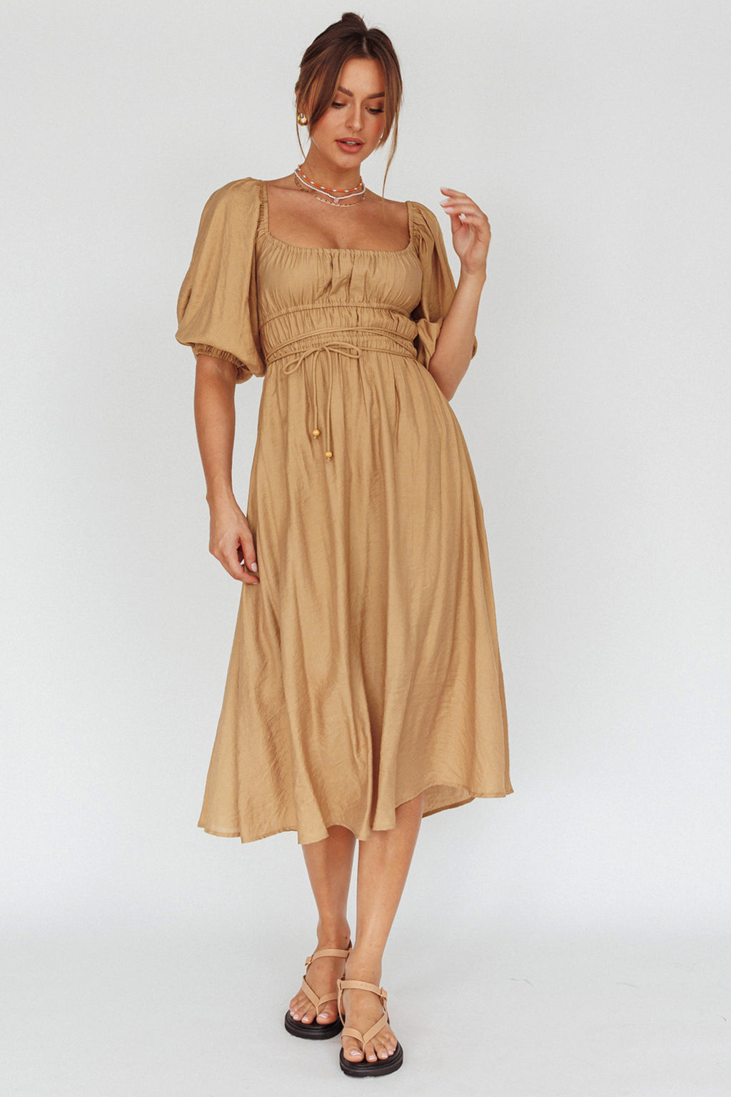 Lille Puff Sleeve Midi Dress Latte by Selfie Leslie Australia