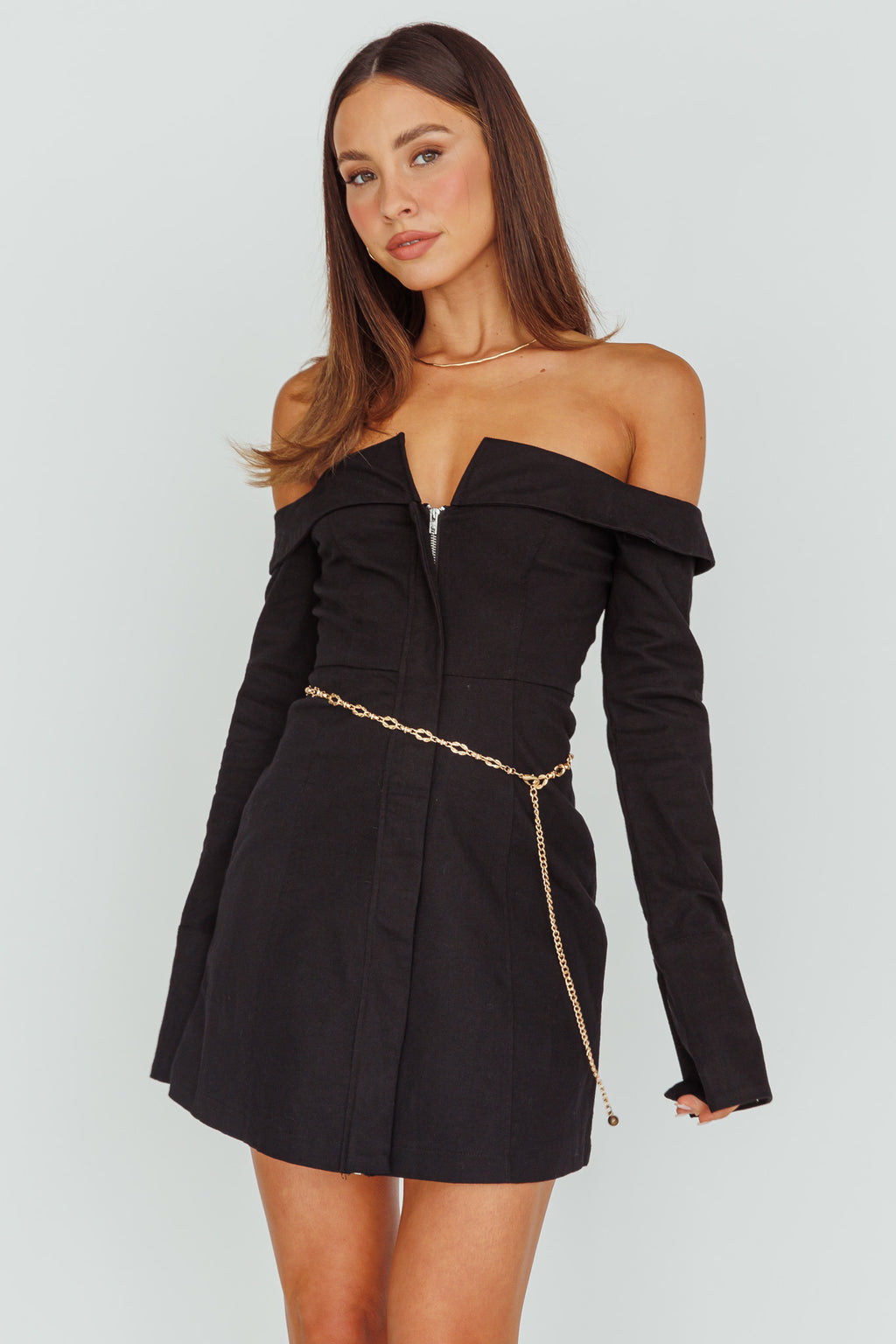 Tamra Long Sleeve Off-Shoulder Zip Dress Black by Selfie Leslie Australia