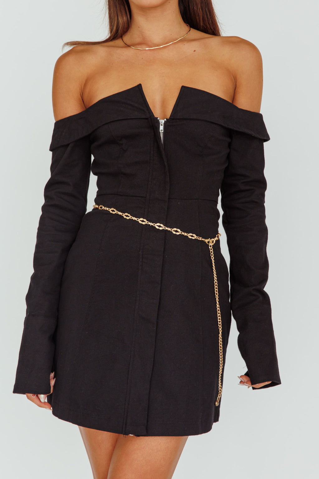 Tamra Long Sleeve Off-Shoulder Zip Dress Black by Selfie Leslie Australia