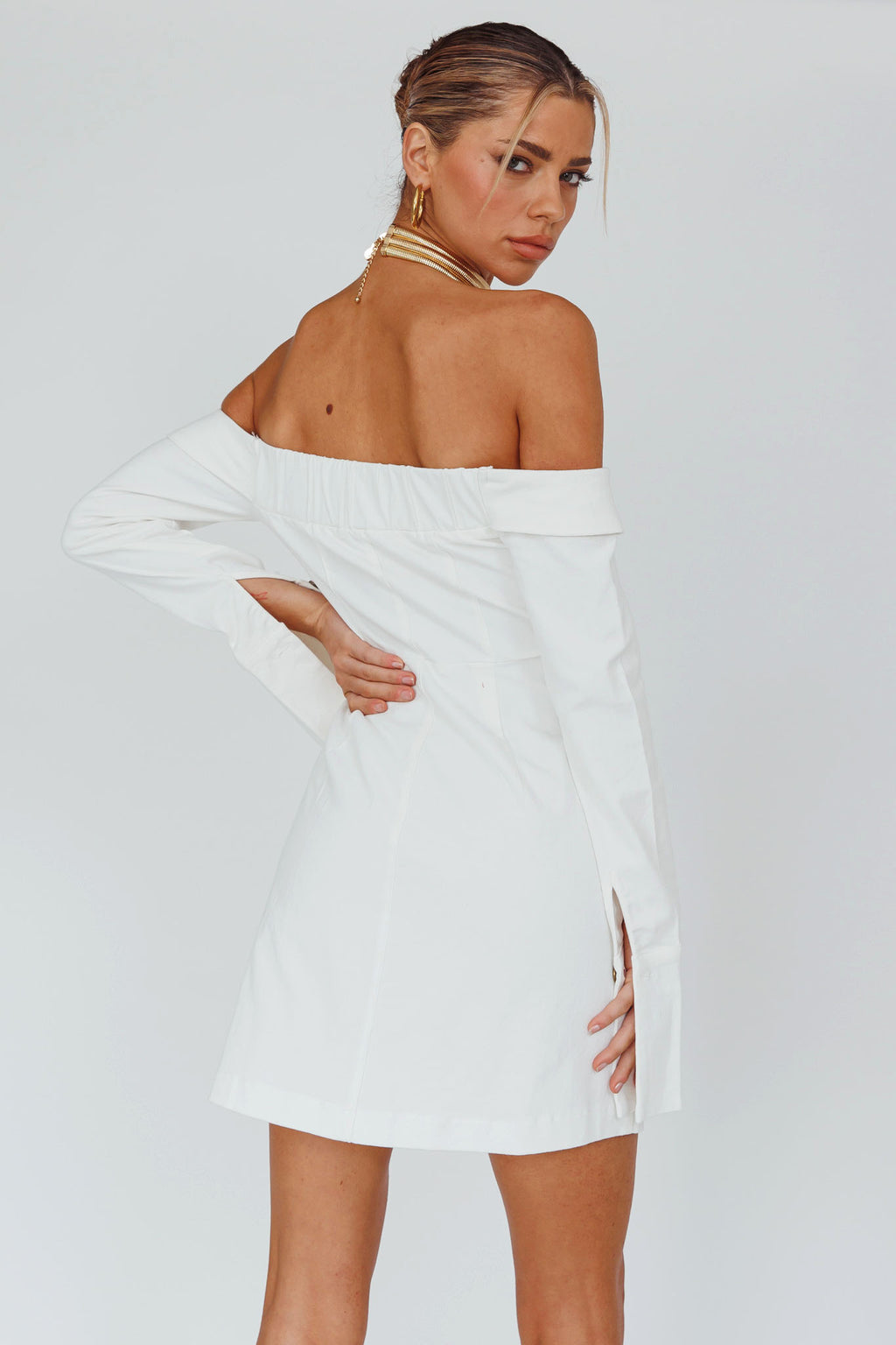 Tamra Long Sleeve Off-Shoulder Zip Dress White by Selfie Leslie Australia