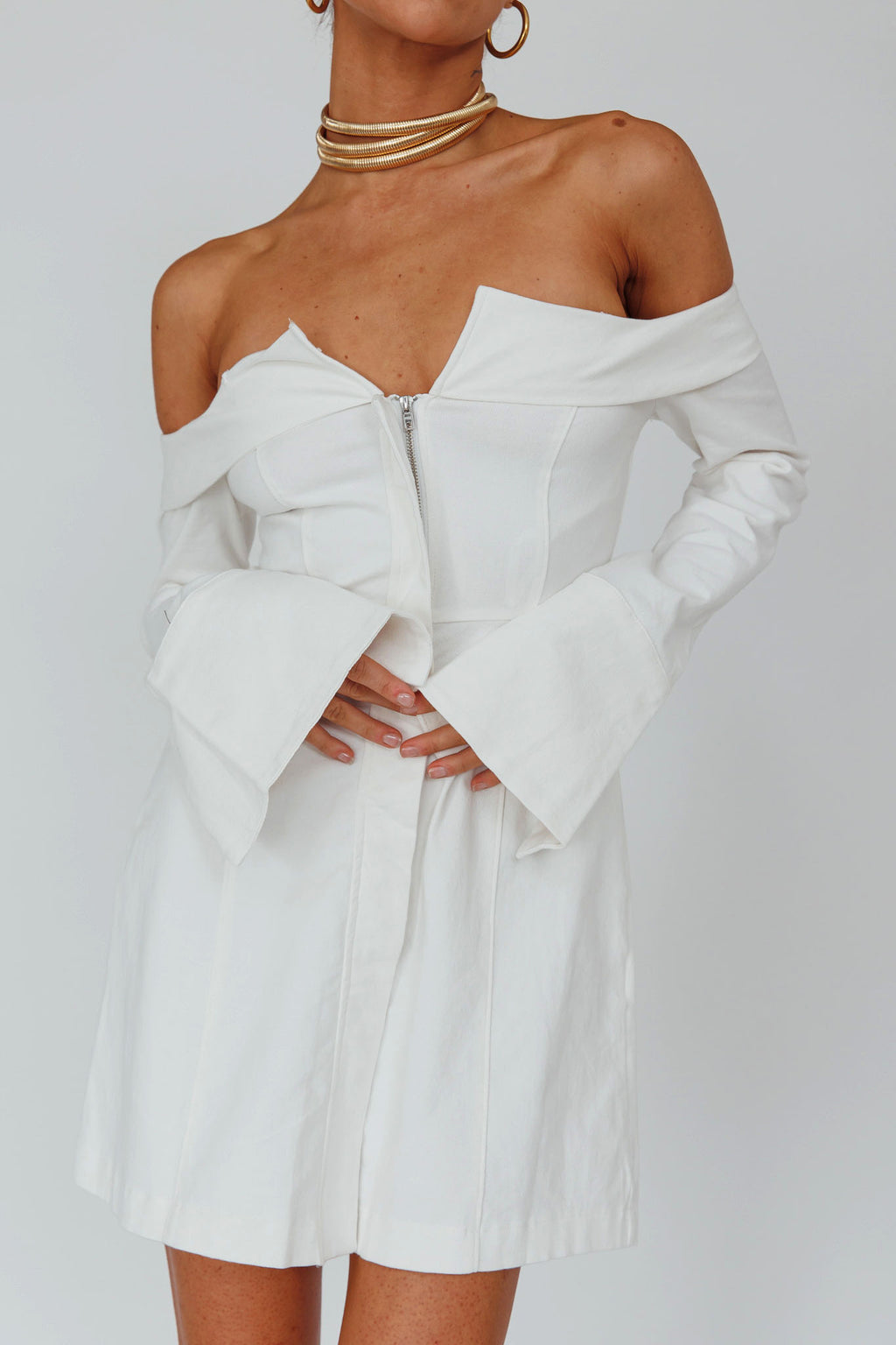Tamra Long Sleeve Off-Shoulder Zip Dress White by Selfie Leslie Australia