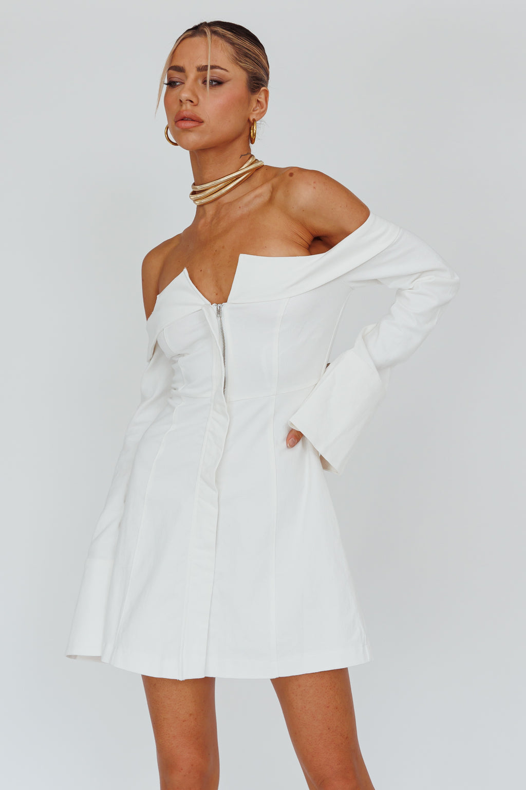 Tamra Long Sleeve Off-Shoulder Zip Dress White by Selfie Leslie Australia