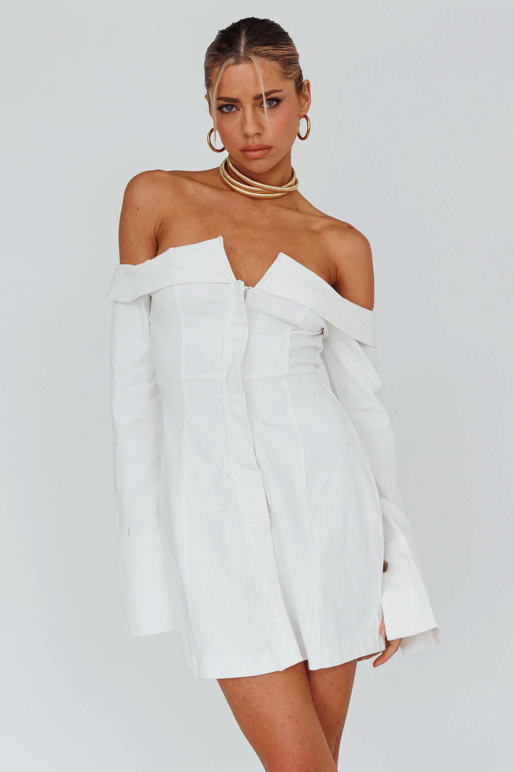 Tamra Long Sleeve Off-Shoulder Zip Dress White by Selfie Leslie Australia