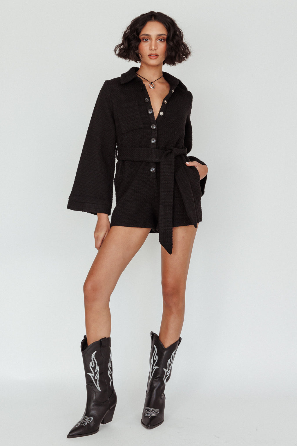 Cy Long Sleeve Knit Romper Black by Selfie Leslie Australia