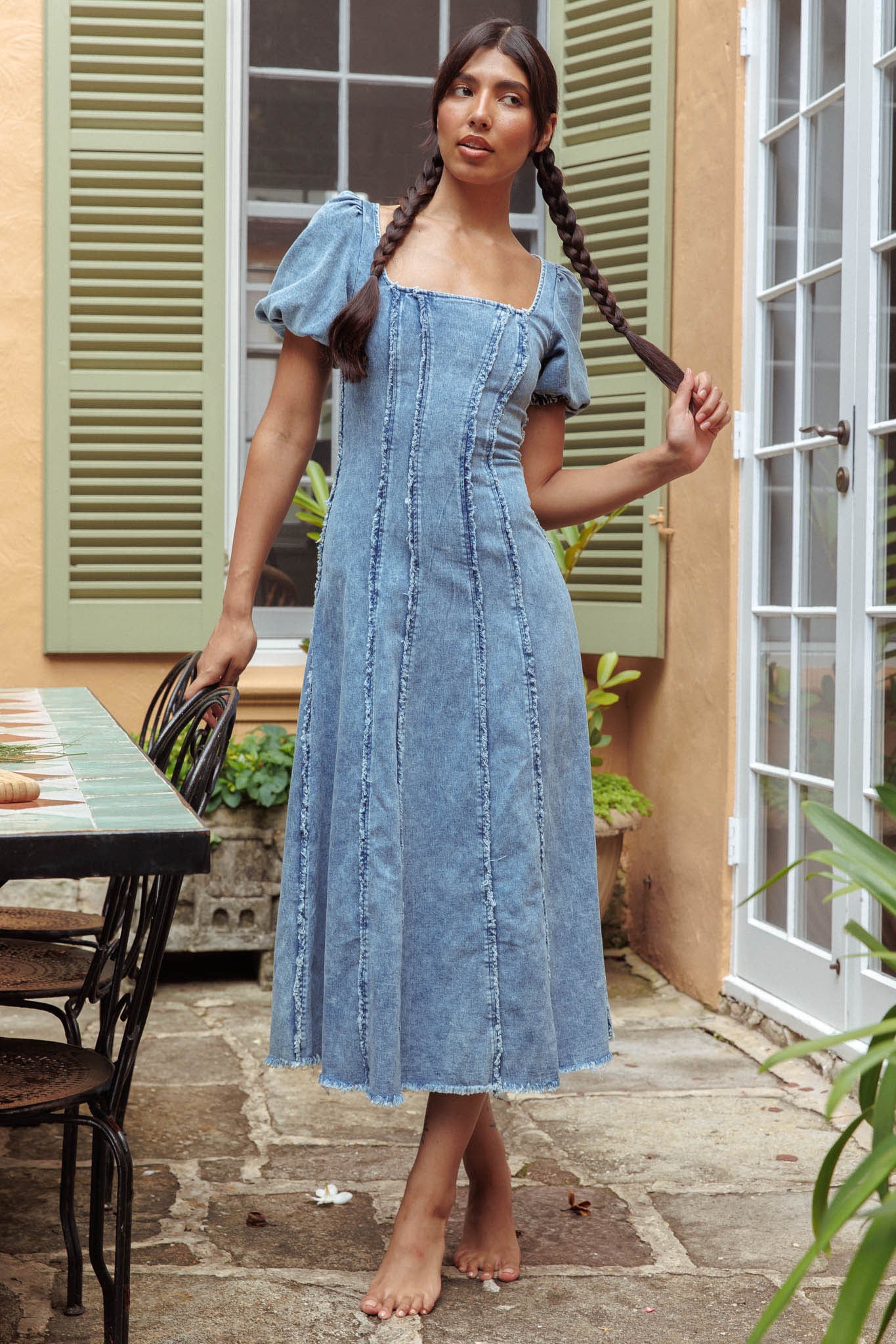 Northern Sky Fringe Puff Sleeve Midi Dress Denim Blue by Selfie Leslie Australia
