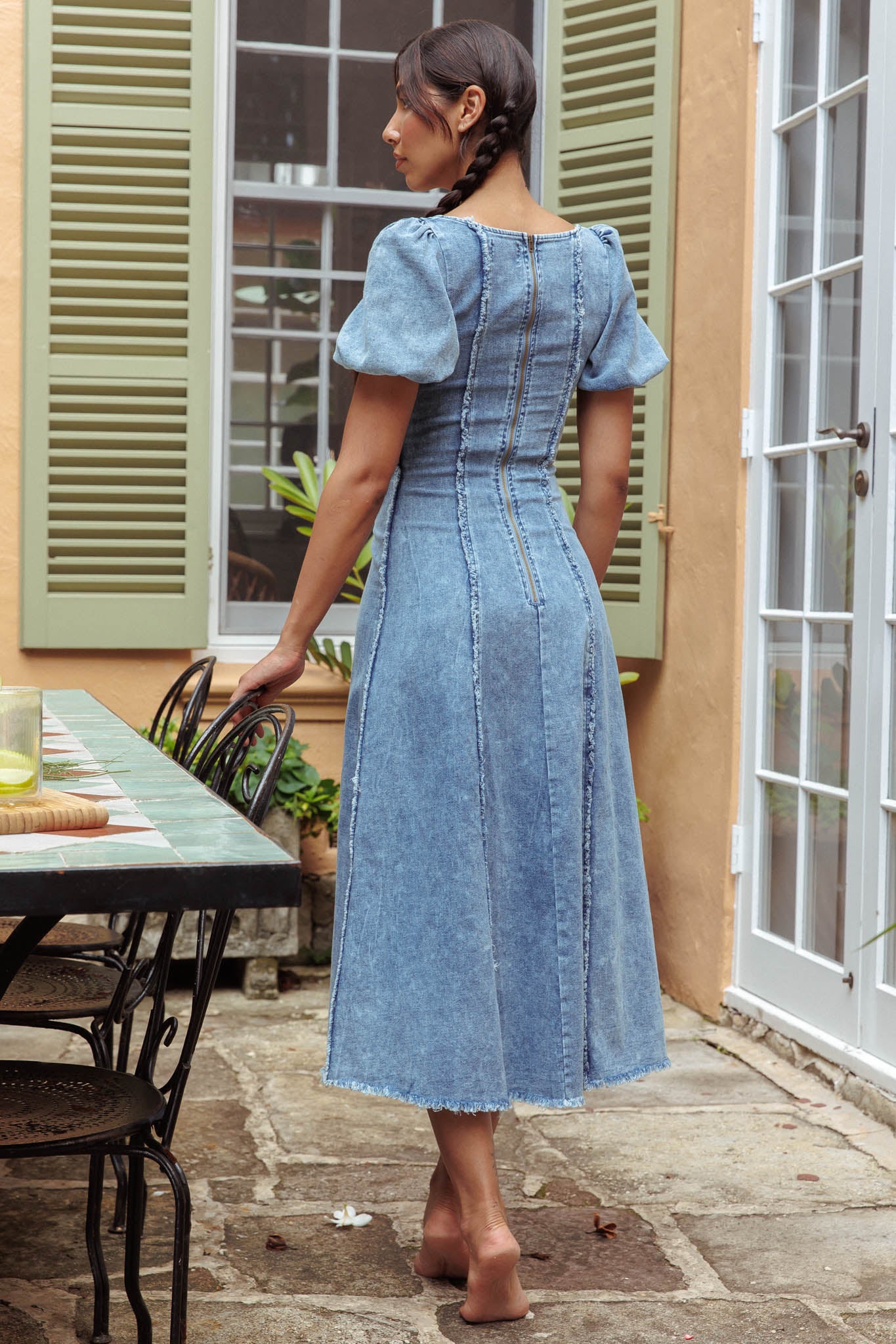 Northern Sky Fringe Puff Sleeve Midi Dress Denim Blue by Selfie Leslie Australia