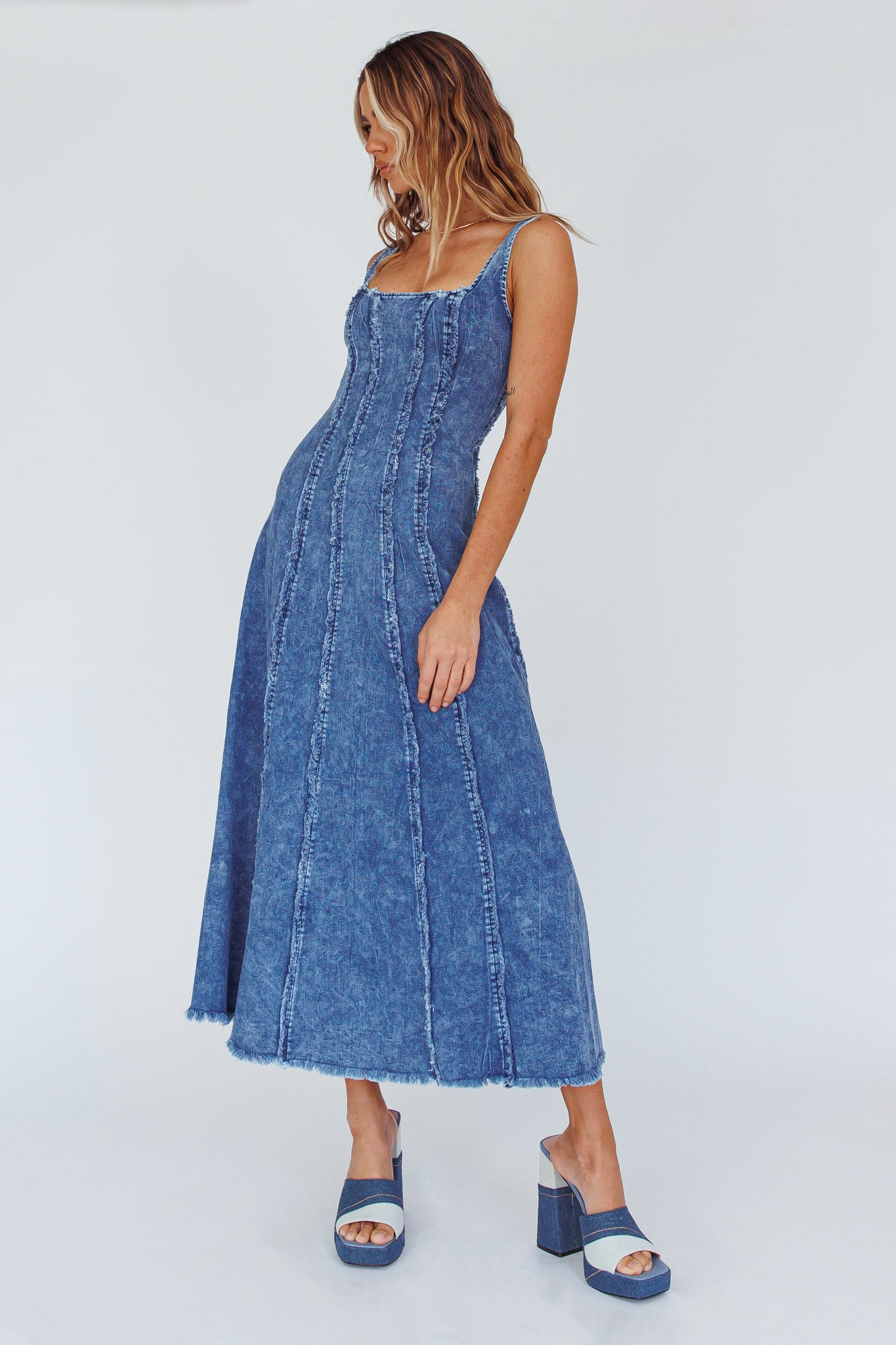 Northern Sky Fringe Trim Midi Dress Dark Blue by Selfie Leslie Australia