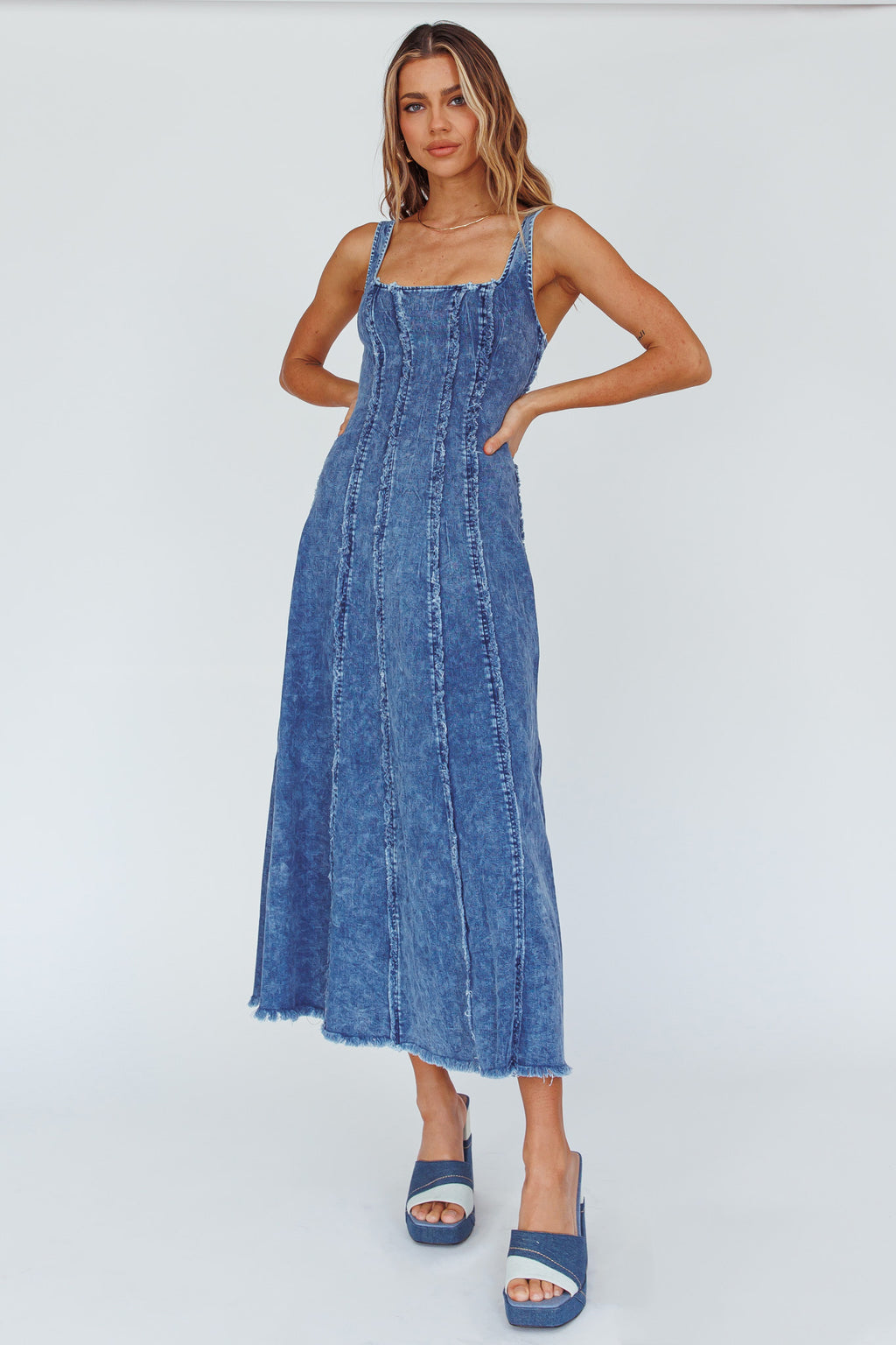 Northern Sky Fringe Trim Midi Dress Dark Blue by Selfie Leslie Australia