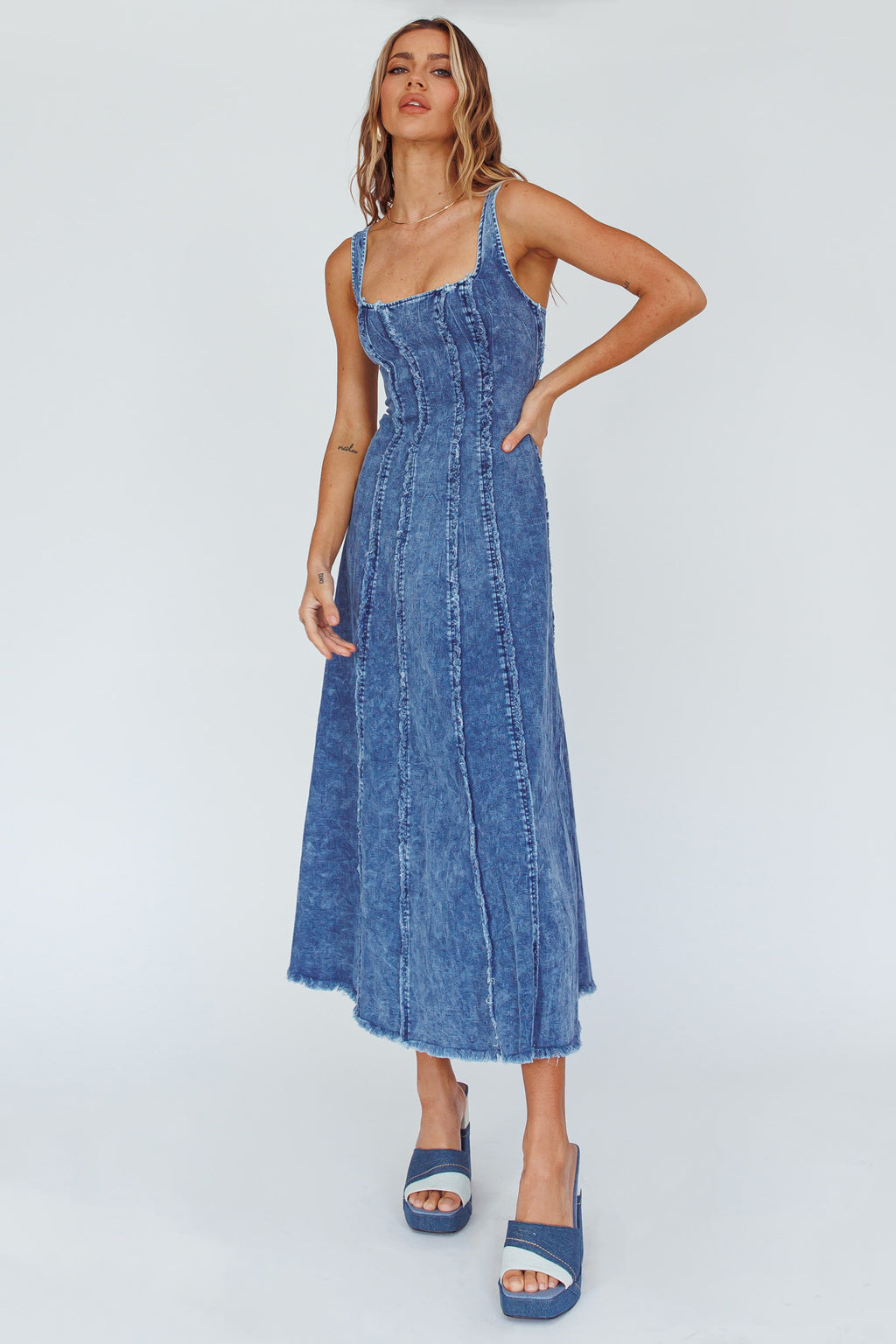 Northern Sky Fringe Trim Midi Dress Dark Blue by Selfie Leslie Australia