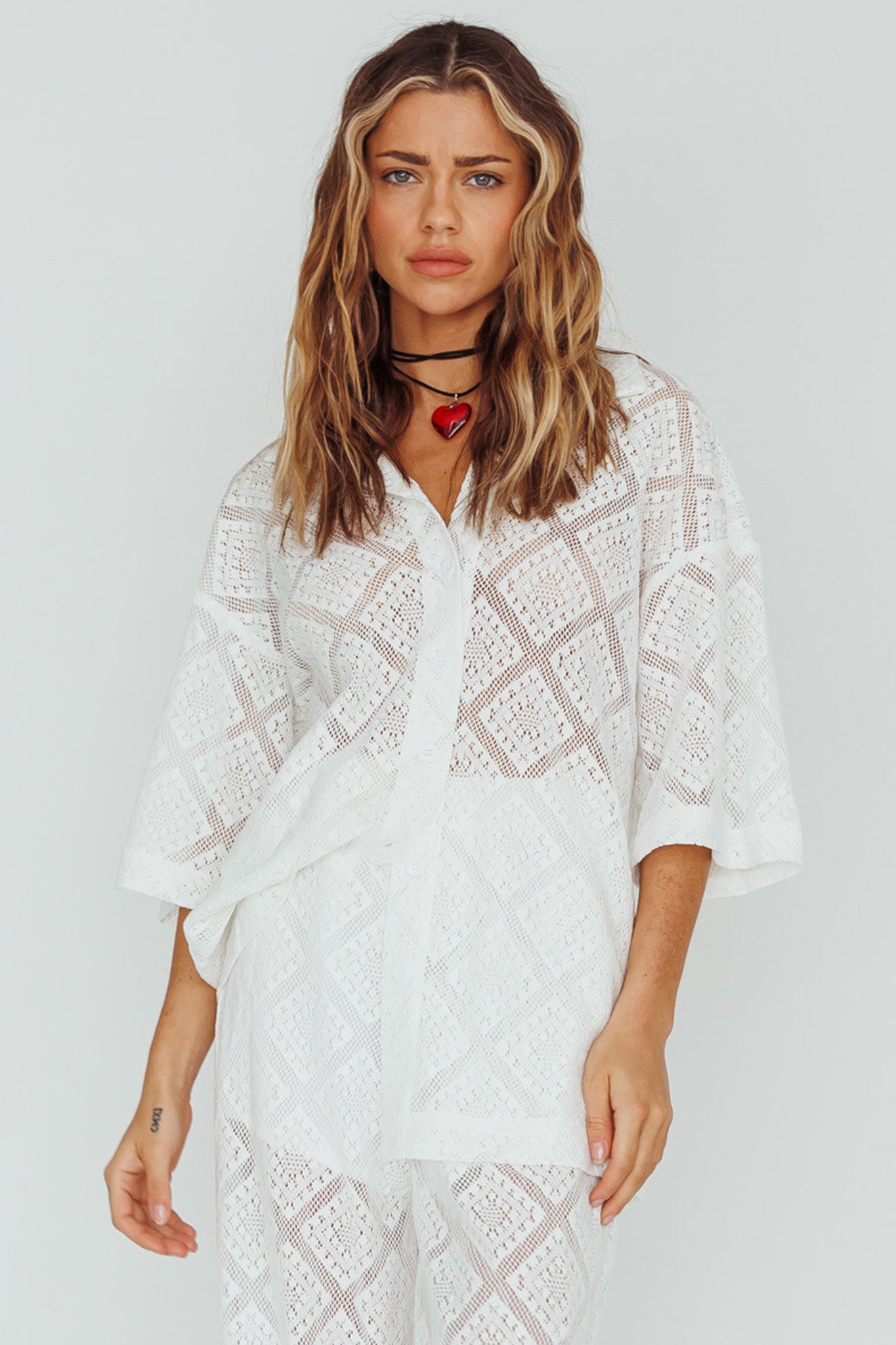 Abraya Lace Button-Up Shirt White by Selfie Leslie Australia