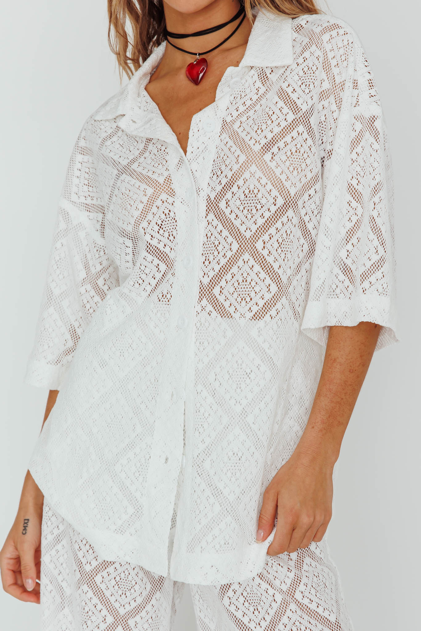 Abraya Lace Button-Up Shirt White by Selfie Leslie Australia