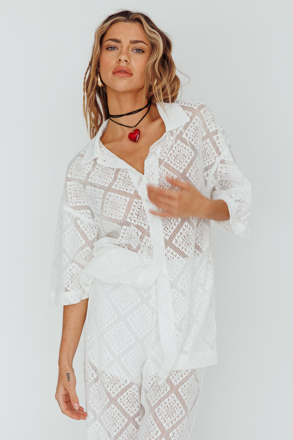 Abraya Lace Button-Up Shirt White by Selfie Leslie Australia