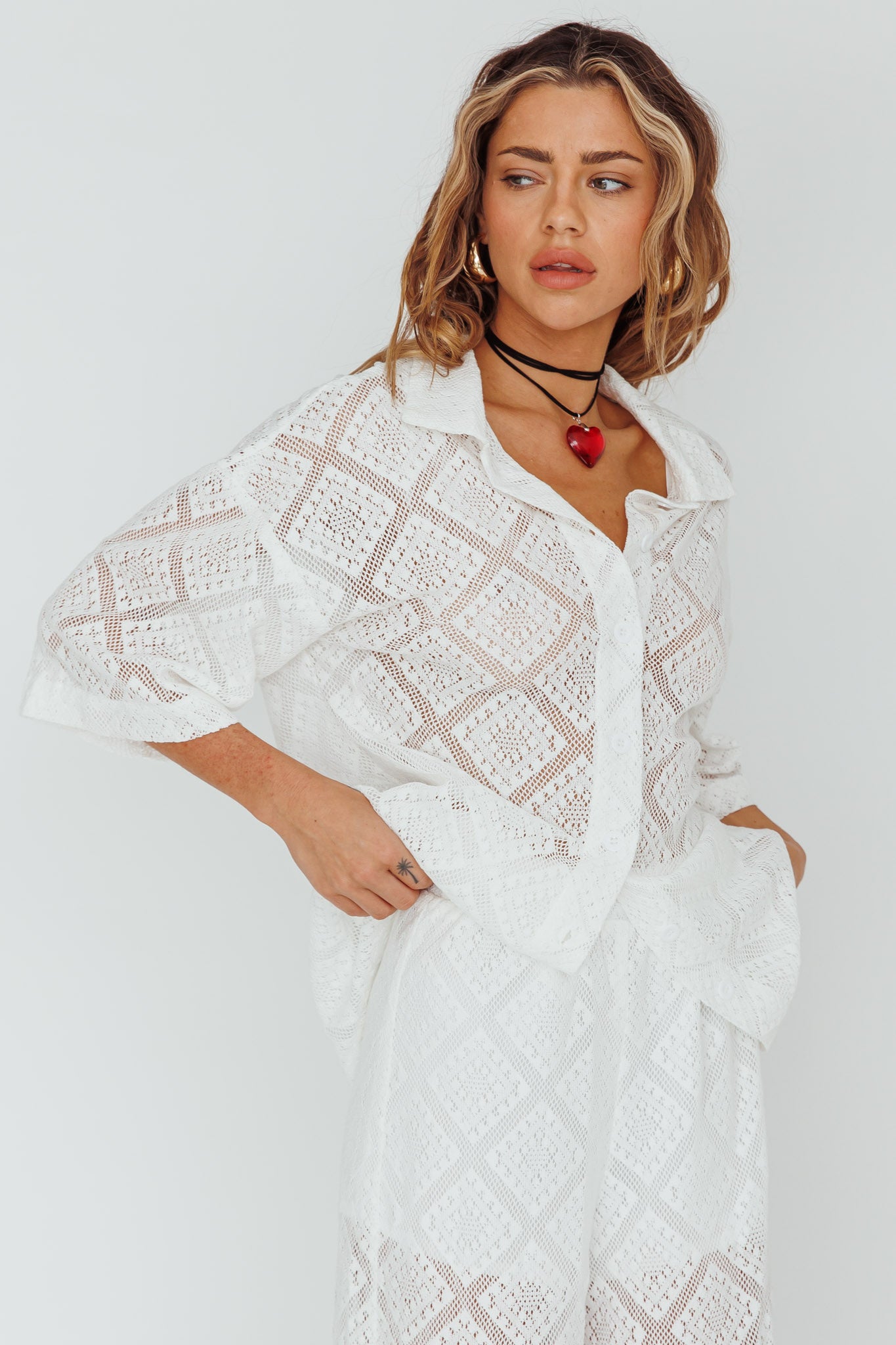 Abraya Lace Button-Up Shirt White by Selfie Leslie Australia