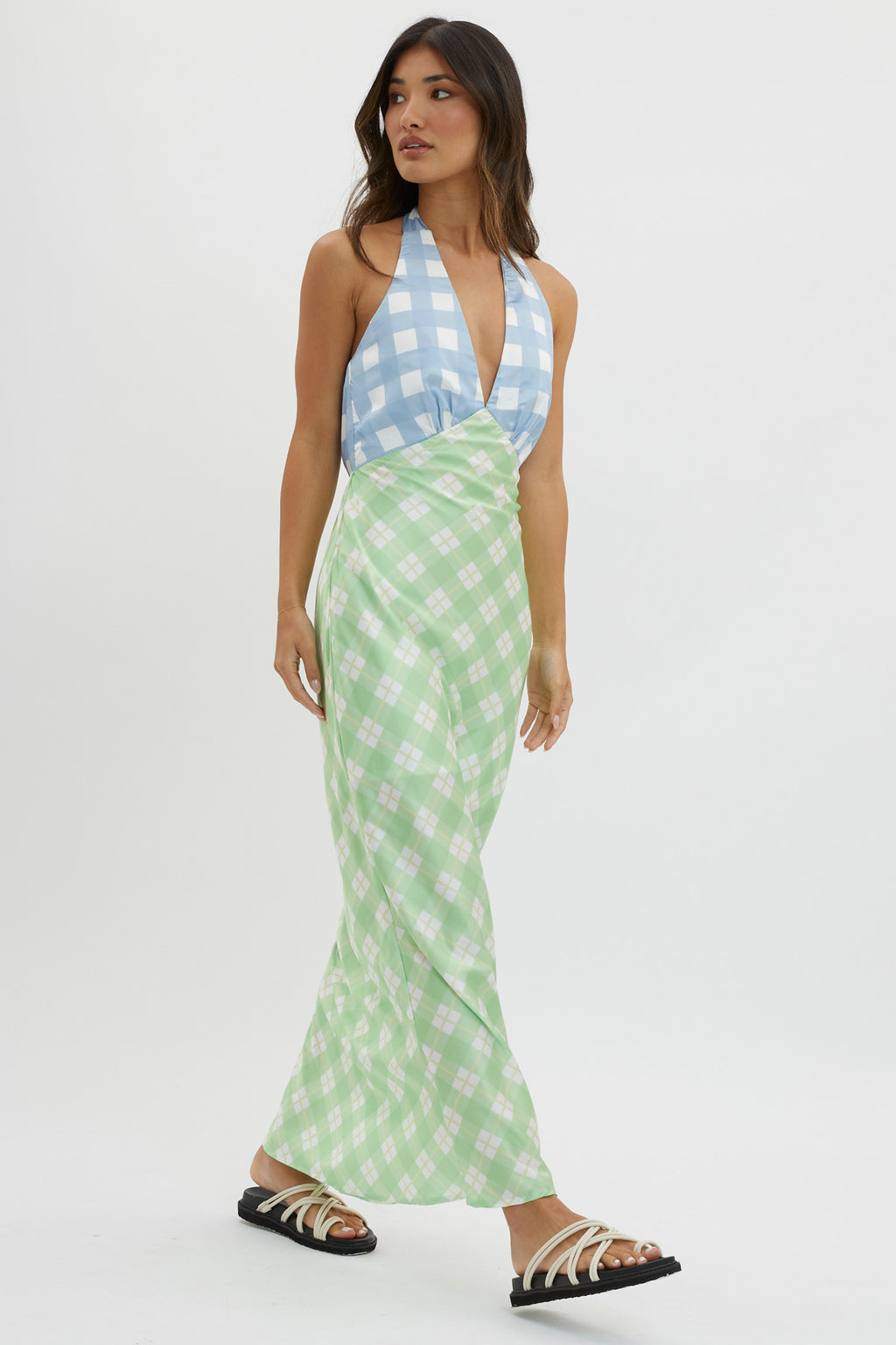 Lavara Halterneck Maxi Dress Checker Green by Selfie Leslie Australia