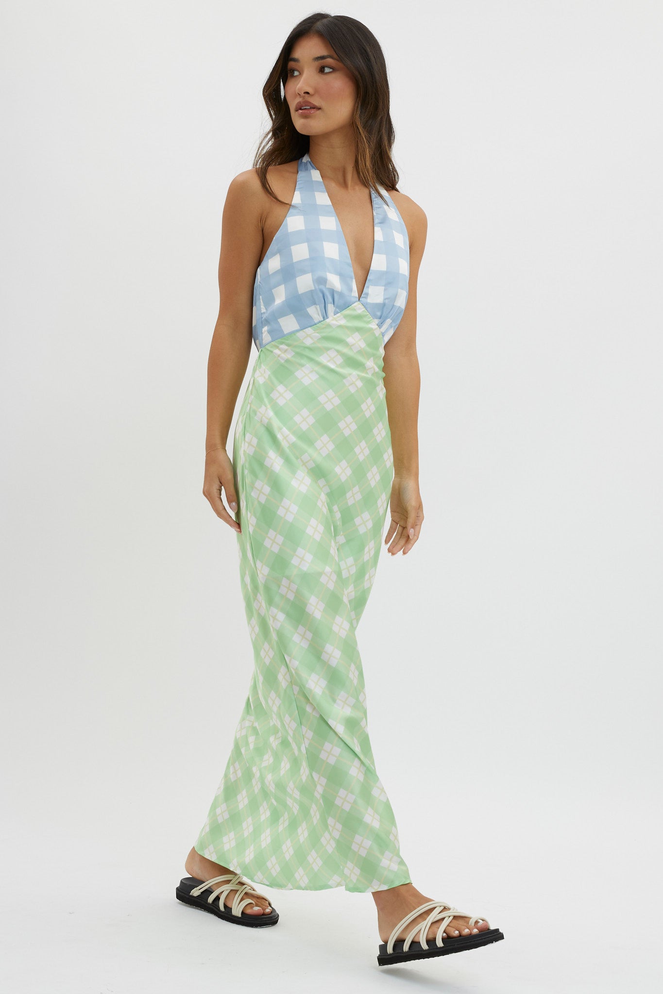Lavara Halterneck Maxi Dress Checker Green by Selfie Leslie Australia