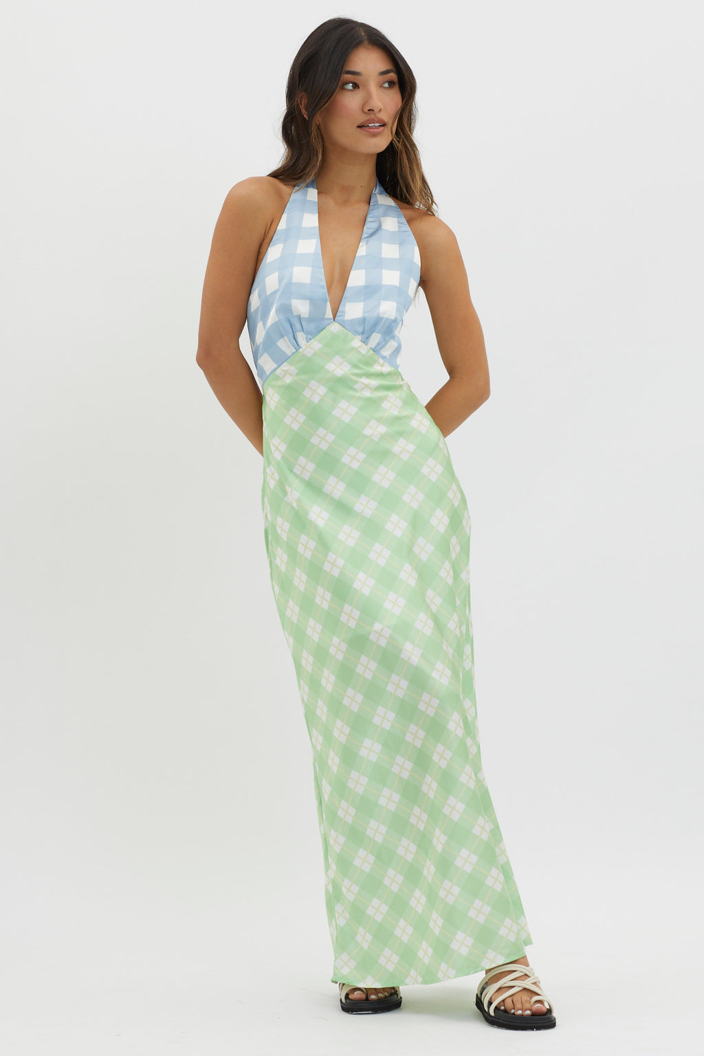 Lavara Halterneck Maxi Dress Checker Green by Selfie Leslie Australia
