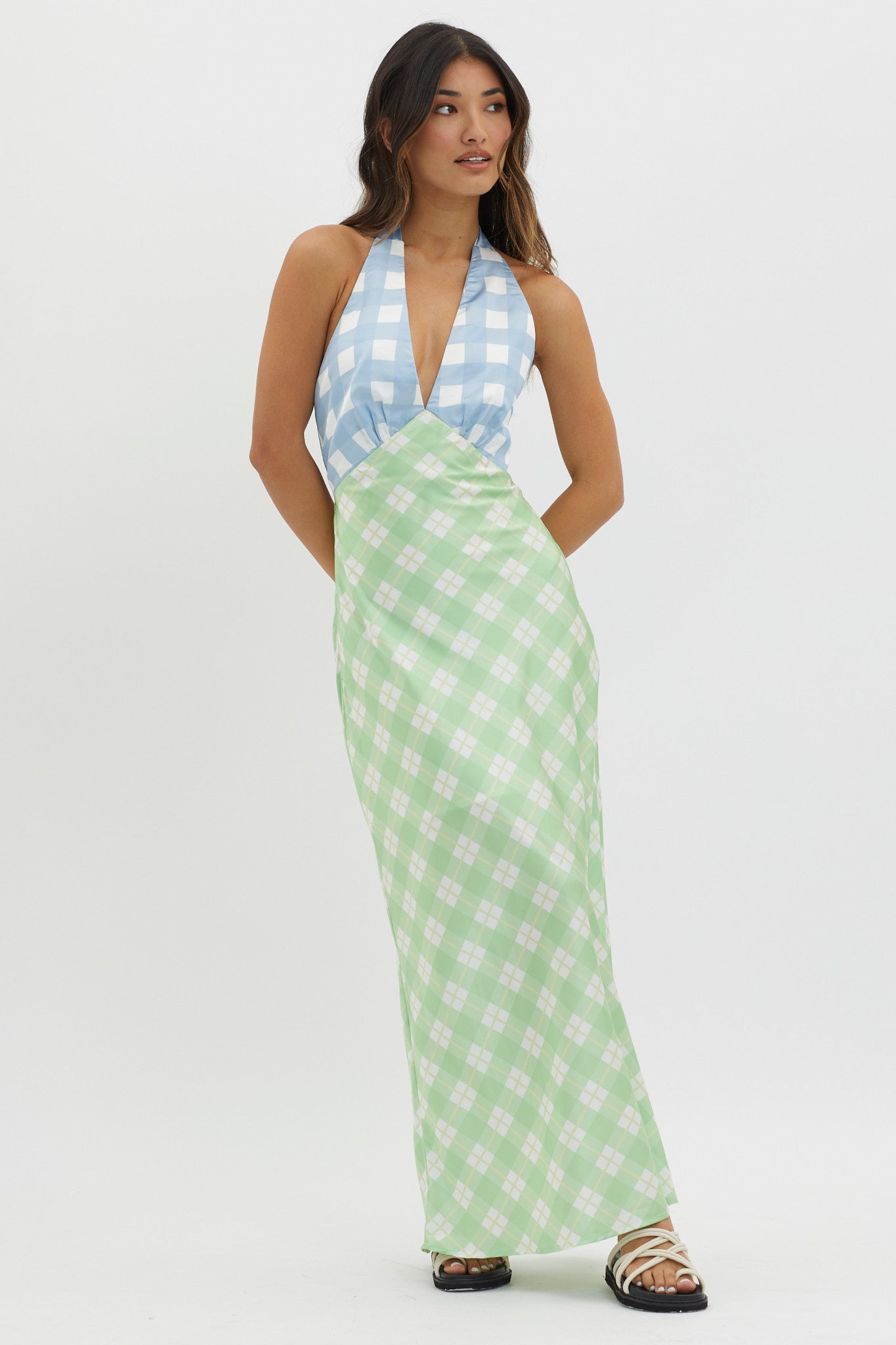 Lavara Halterneck Maxi Dress Checker Green by Selfie Leslie Australia