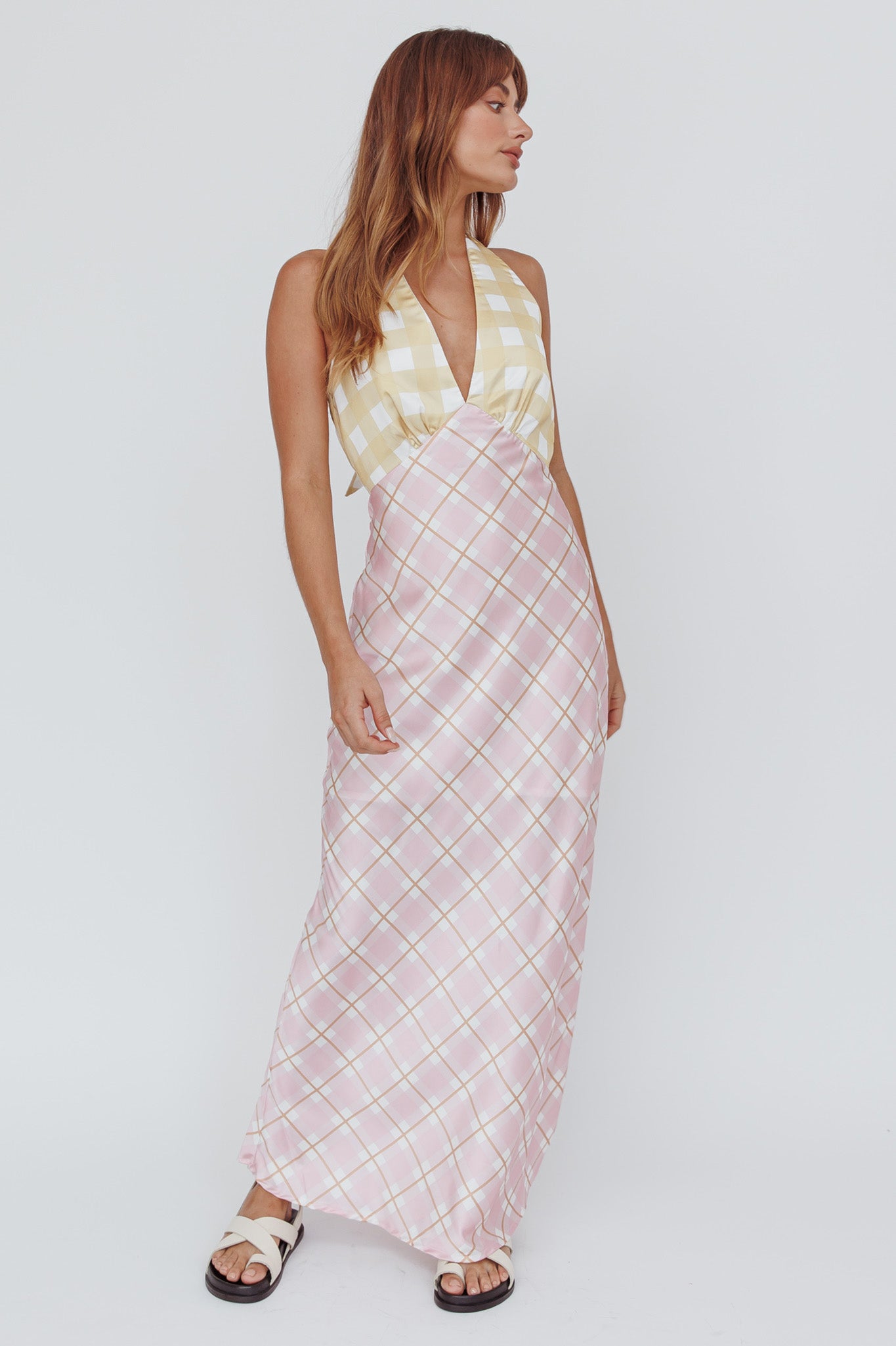 Lavara Halterneck Maxi Dress Checker Pink by Selfie Leslie Australia