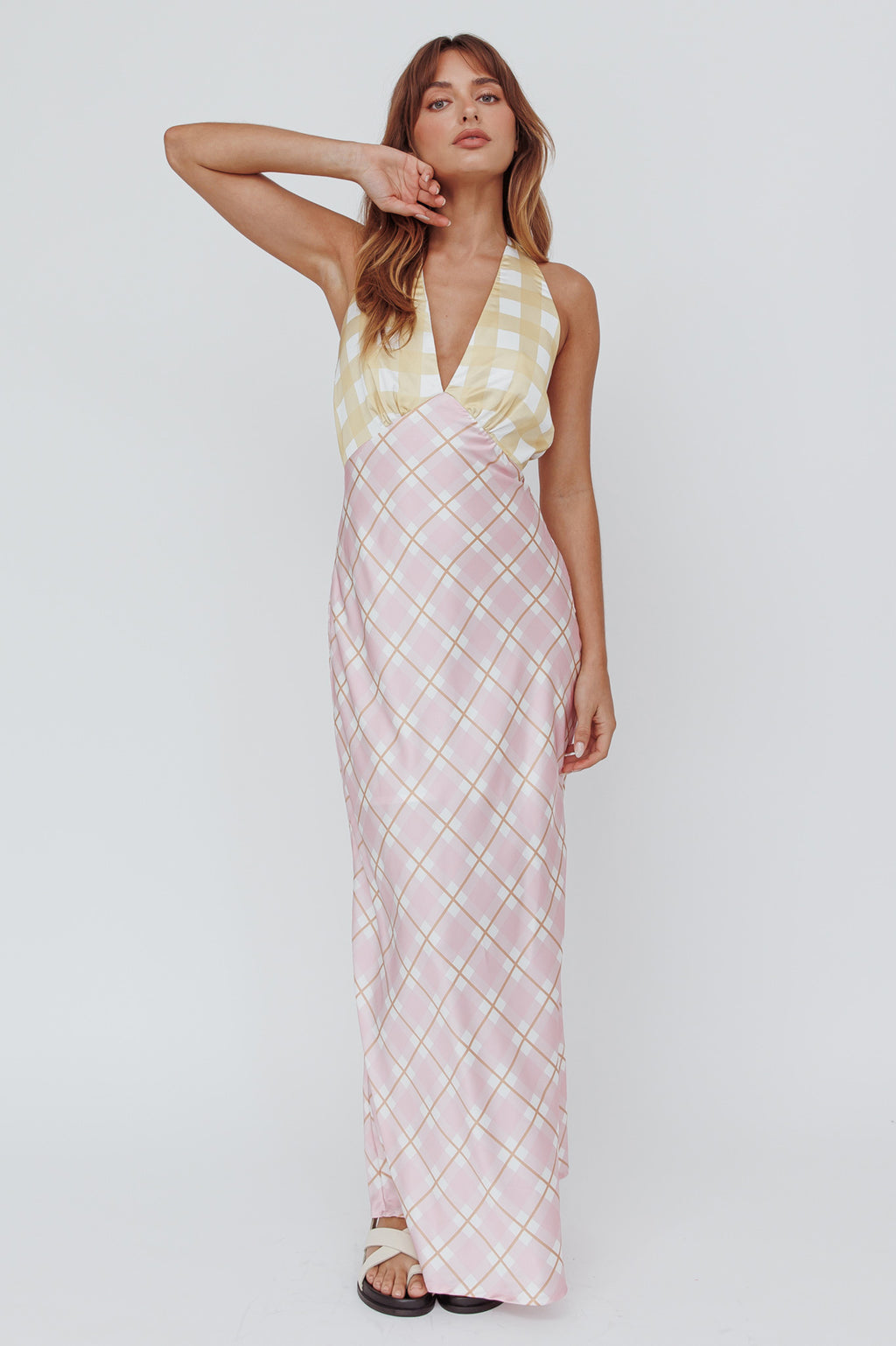 Lavara Halterneck Maxi Dress Checker Pink by Selfie Leslie Australia