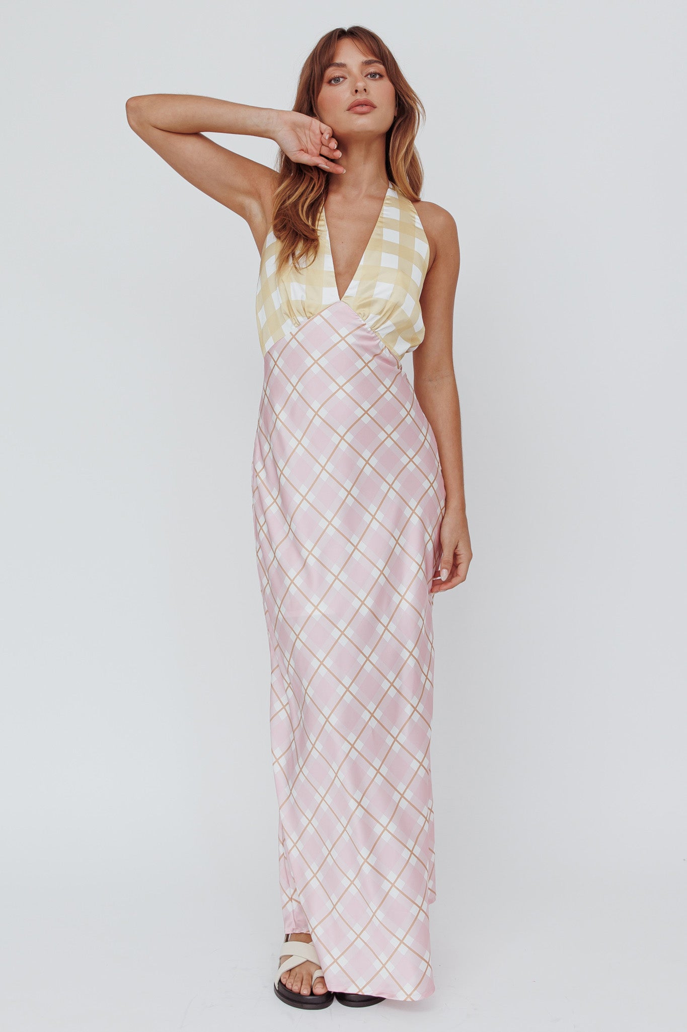 Lavara Halterneck Maxi Dress Checker Pink by Selfie Leslie Australia