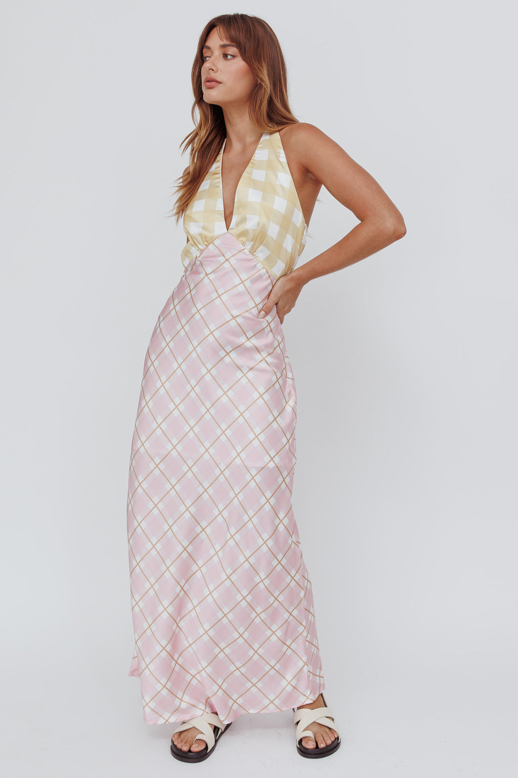 Lavara Halterneck Maxi Dress Checker Pink by Selfie Leslie Australia