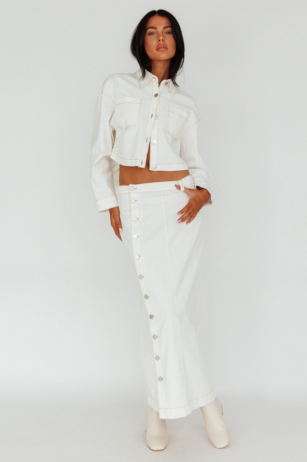 Angelica Side Button-Up Midi Skirt White by Selfie Leslie Australia